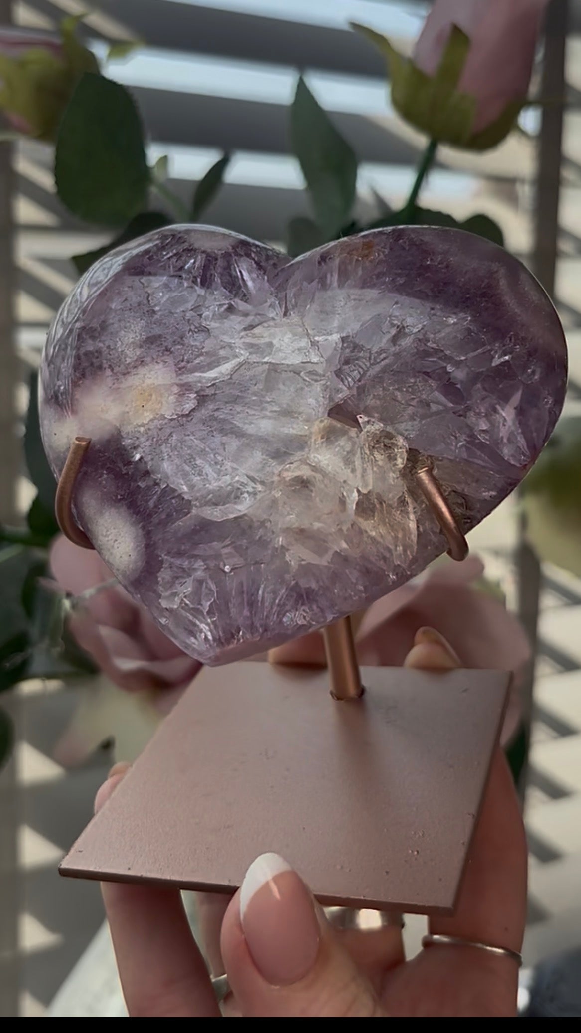 Gorgeous, high quality, pink amethyst heart with purple quartz - comes with stand