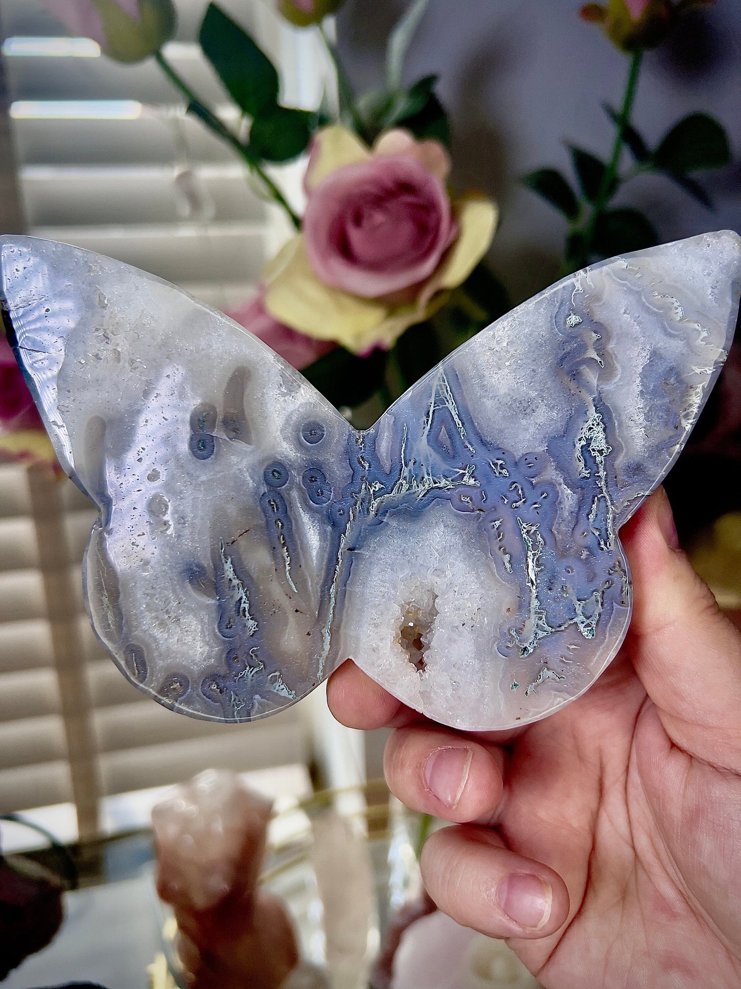 High grade, blue moss agate & quartz, butterfly with, gold pedestal stand