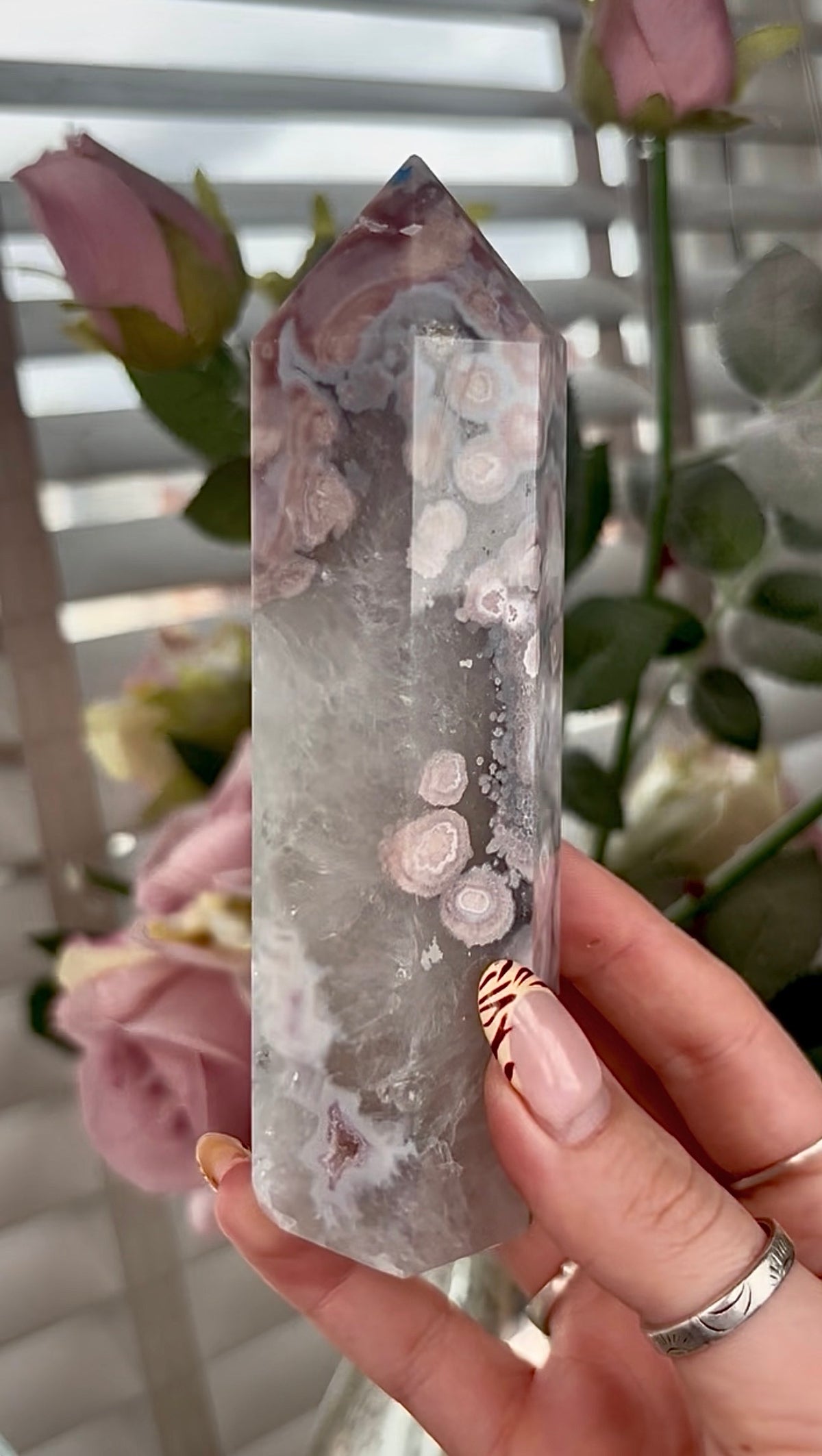 Stunning!! Super high quality, Druzy, green chlorite x blue flower agate tower