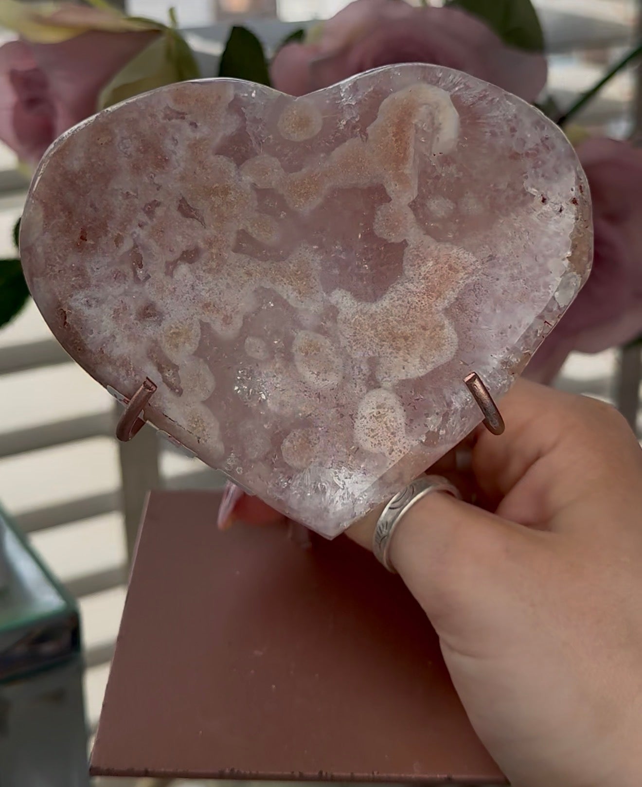 Hq pink amethyst heart with quartz - comes with stand