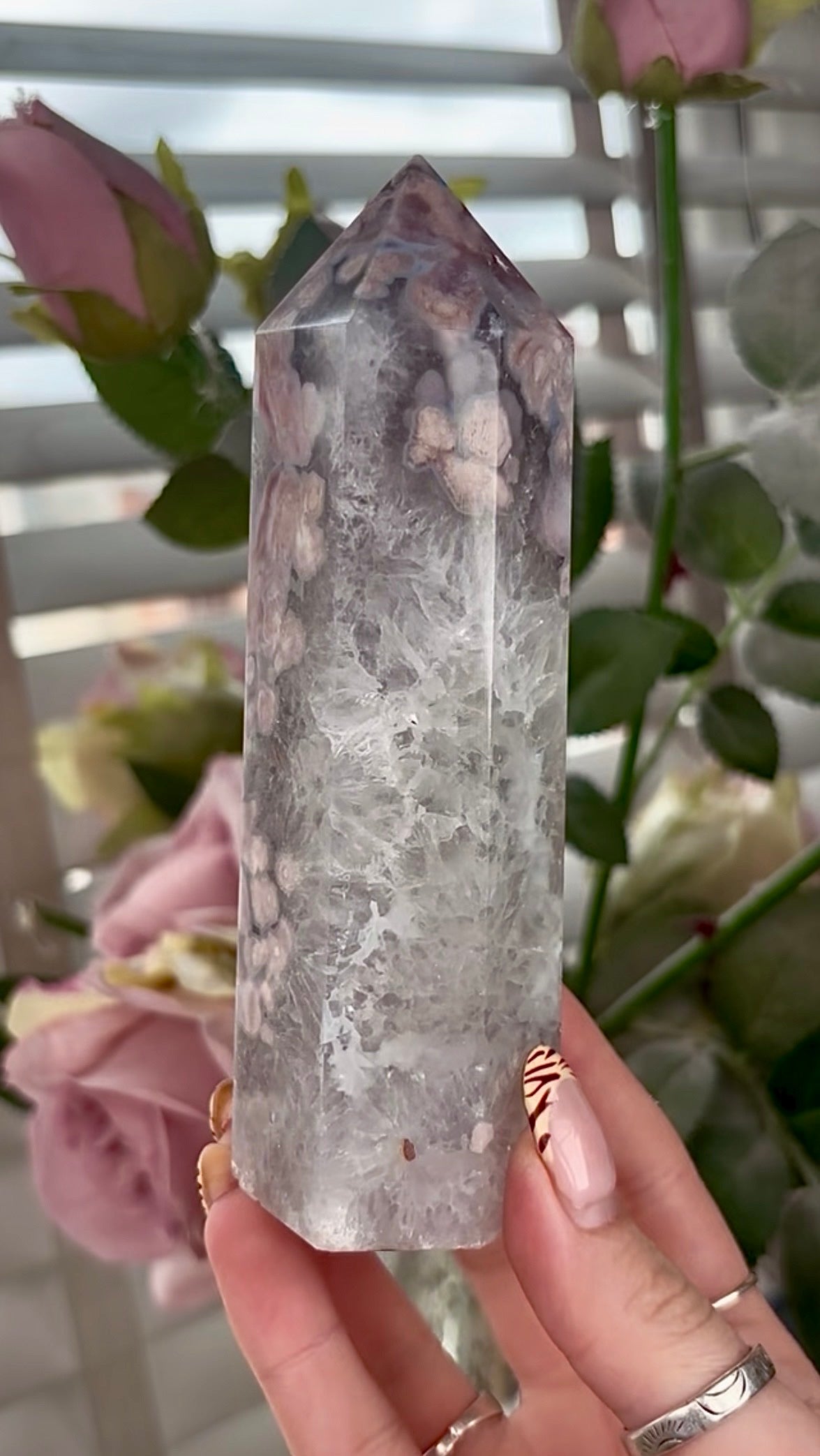 Stunning!! Super high quality, Druzy, green chlorite x blue flower agate tower