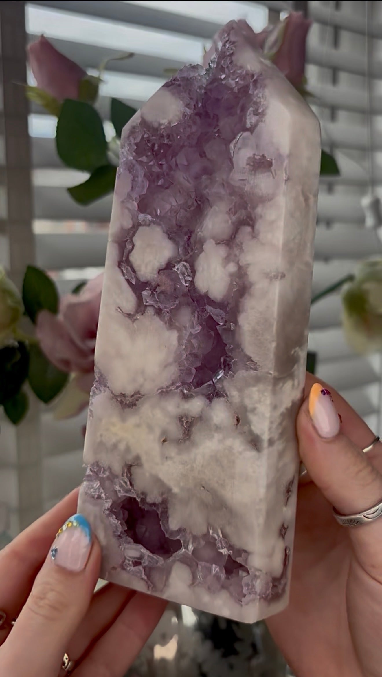 Huge, High quality, Pink amethyst tower, with purple quartz druzy