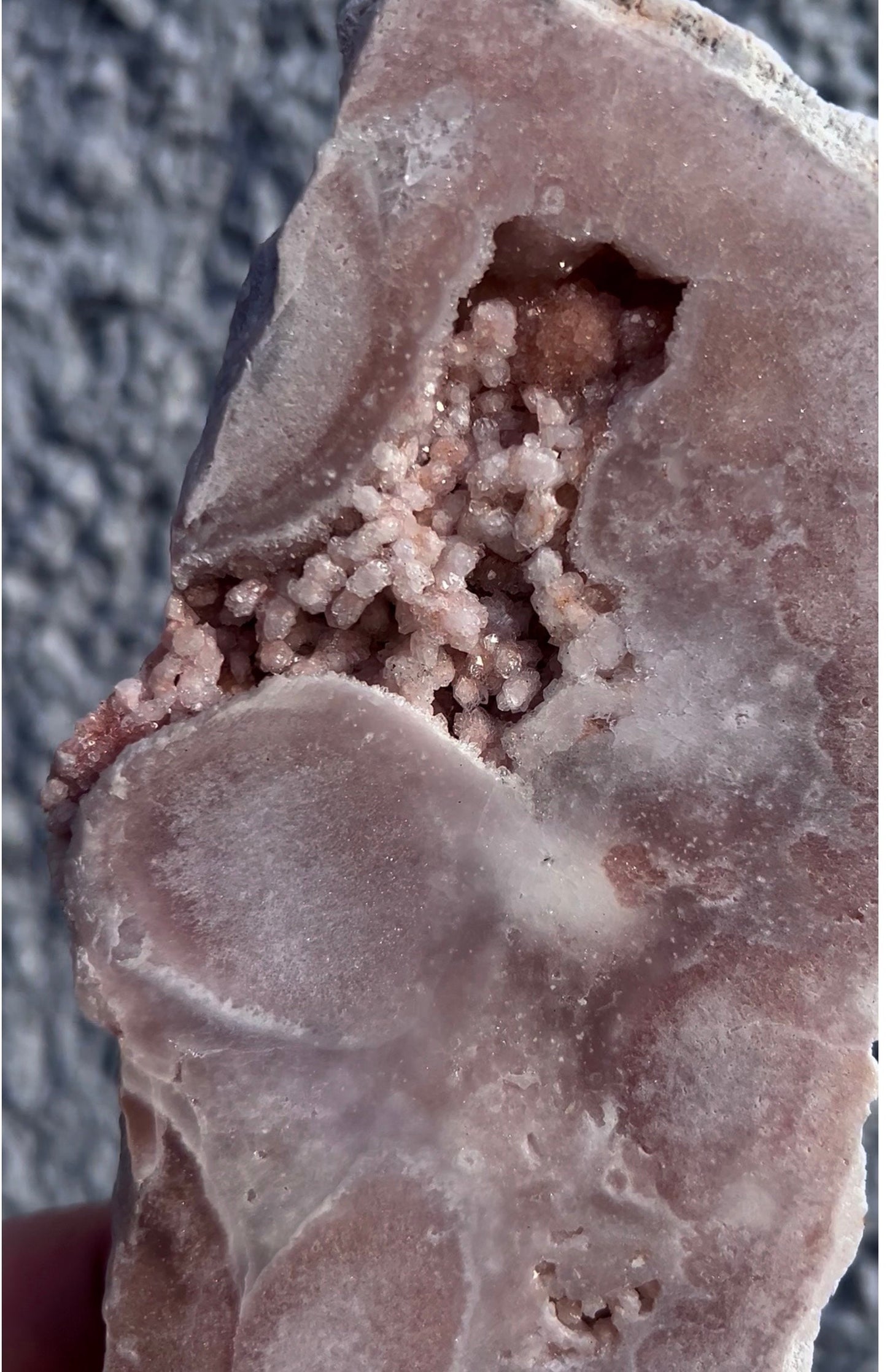 High grade, pink amethyst slab on stand with bubbly druze