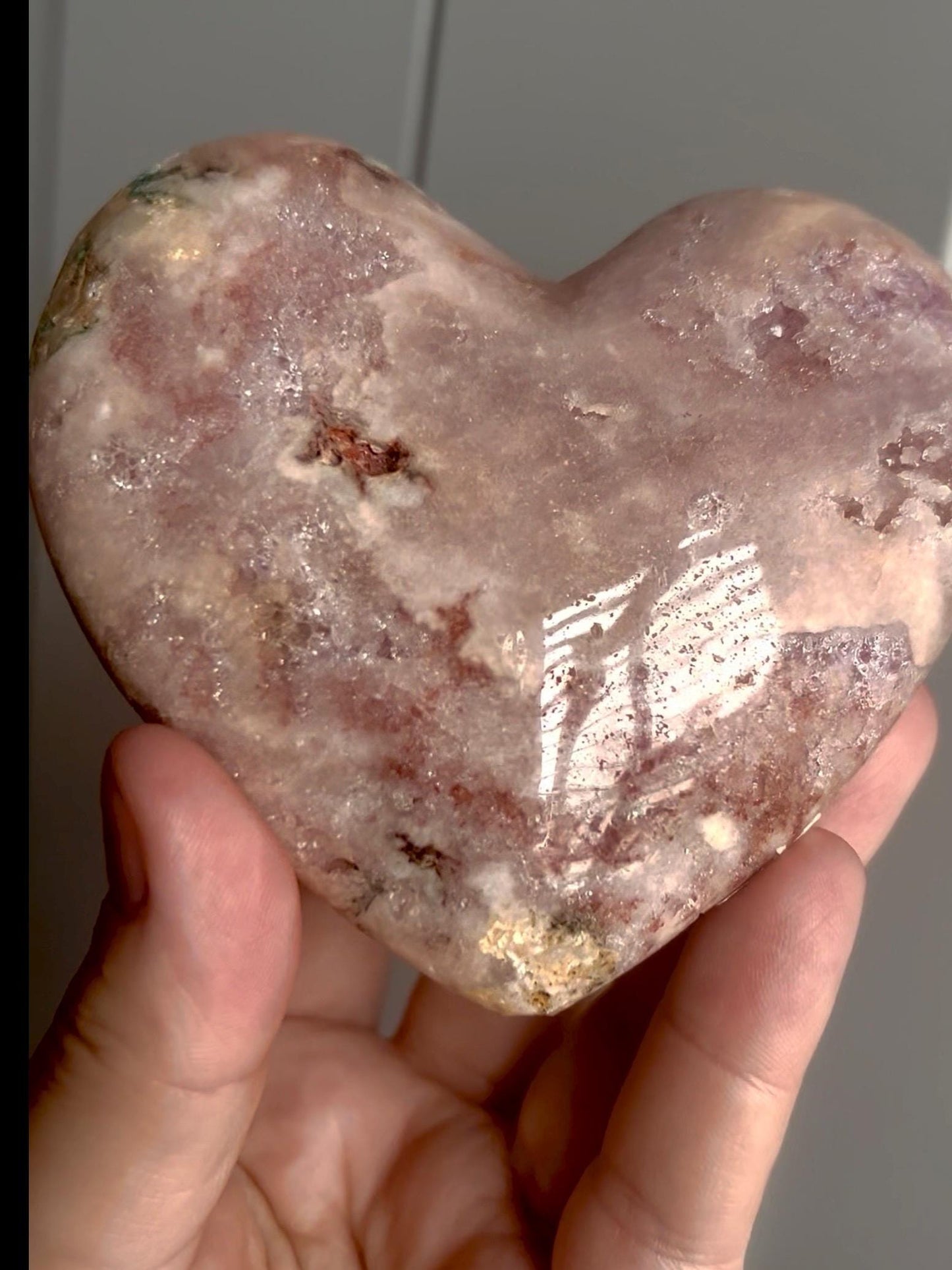 Perfect pink, polished, pink amethyst heart with jasper