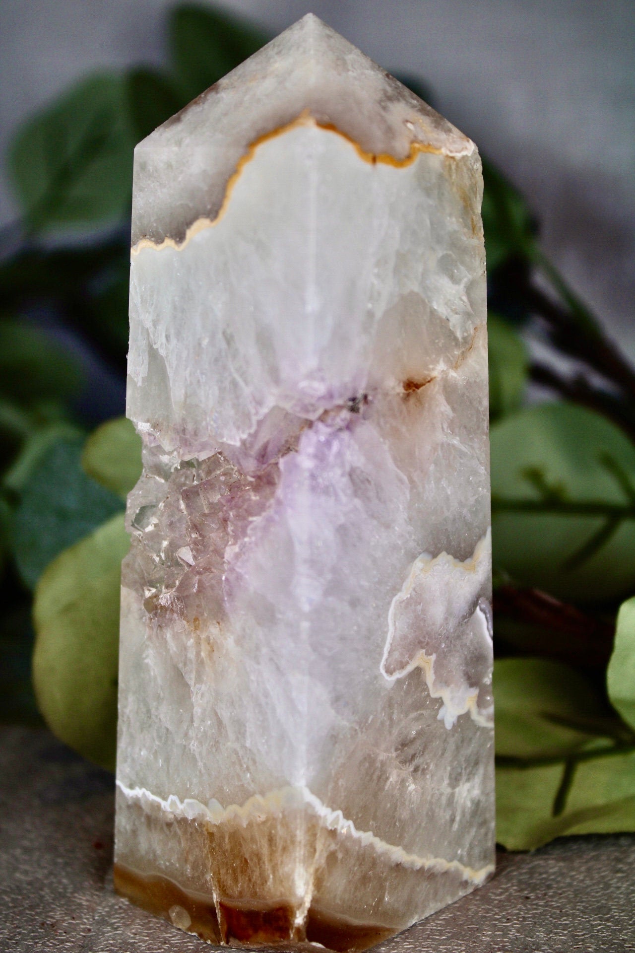 Pink amethyst agate, 4 sided tower with lavender Druze