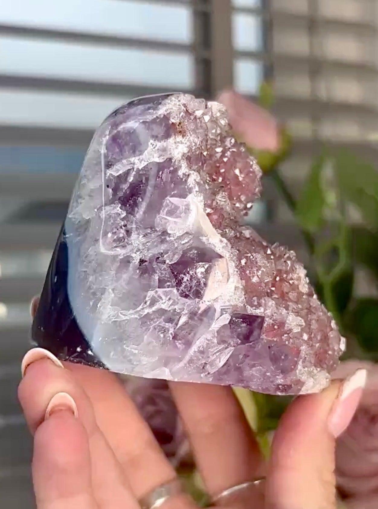 Light Pink rainbow amethyst on a purple & blue agate base