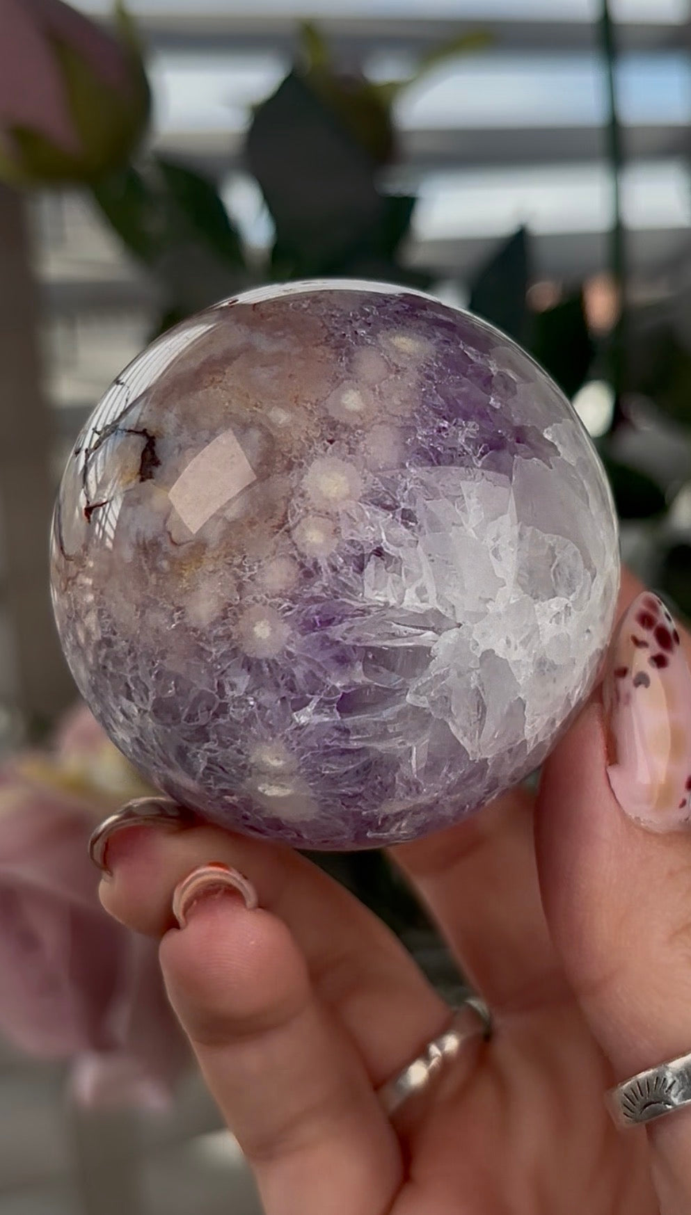 High grade, amethyst Flower agate sphere with druzy quartz- 5.5cm