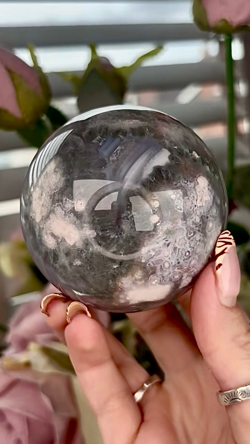Stunning!! Super high quality, Druzy, green chlorite x blue flower agate sphere