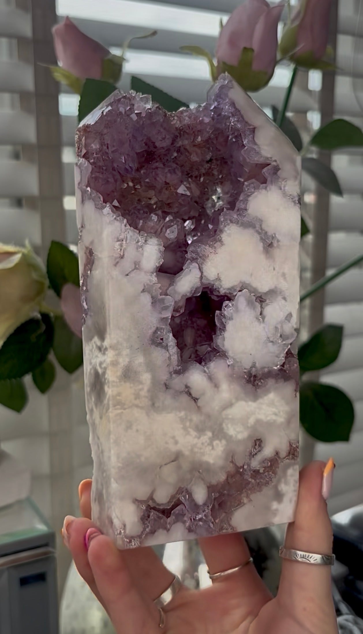 Huge, High quality, Pink amethyst tower, with purple quartz druzy