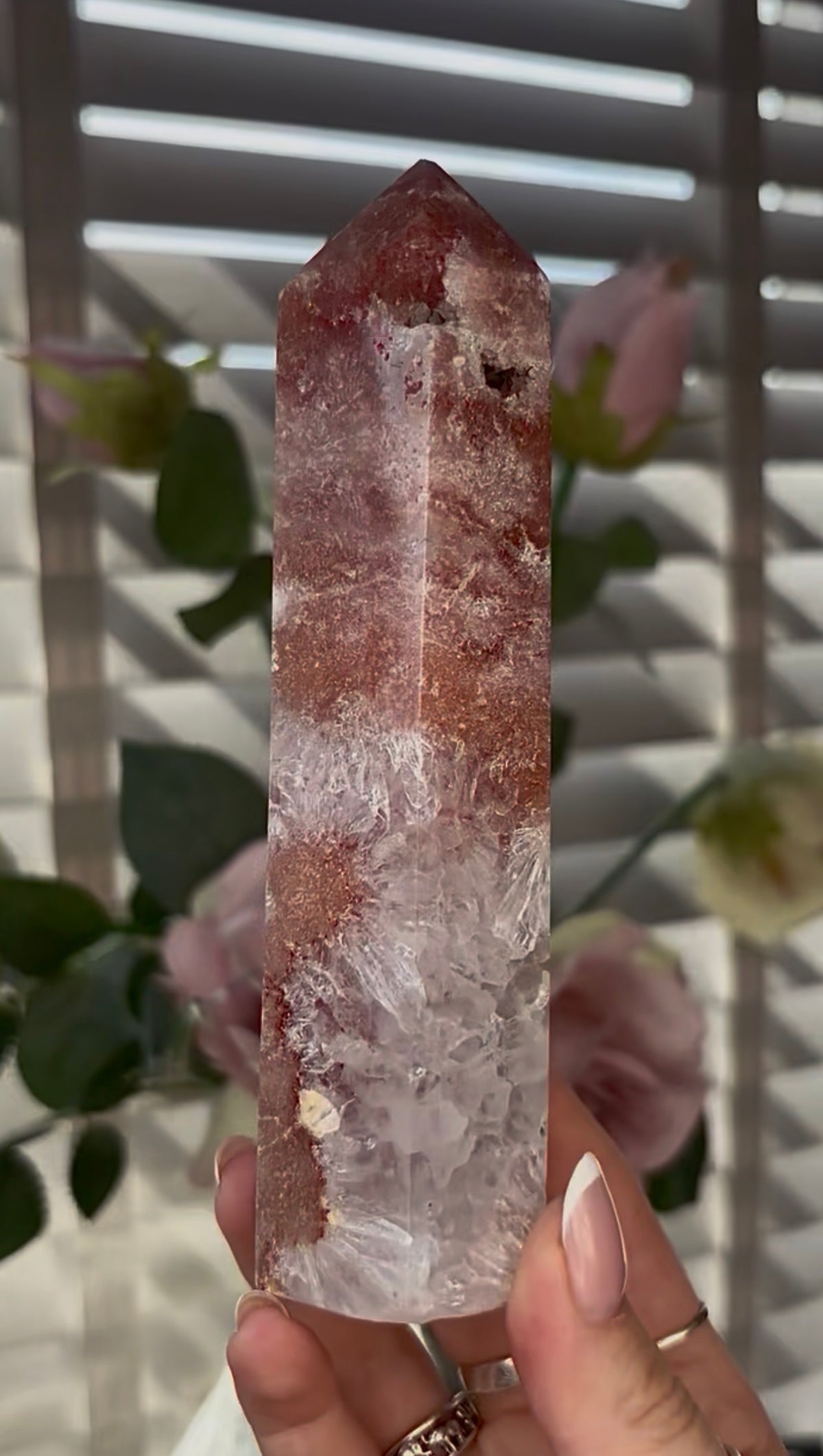 Beautiful, high quality, Pink amethyst tower 15.2cm(h) by 4cm(w)