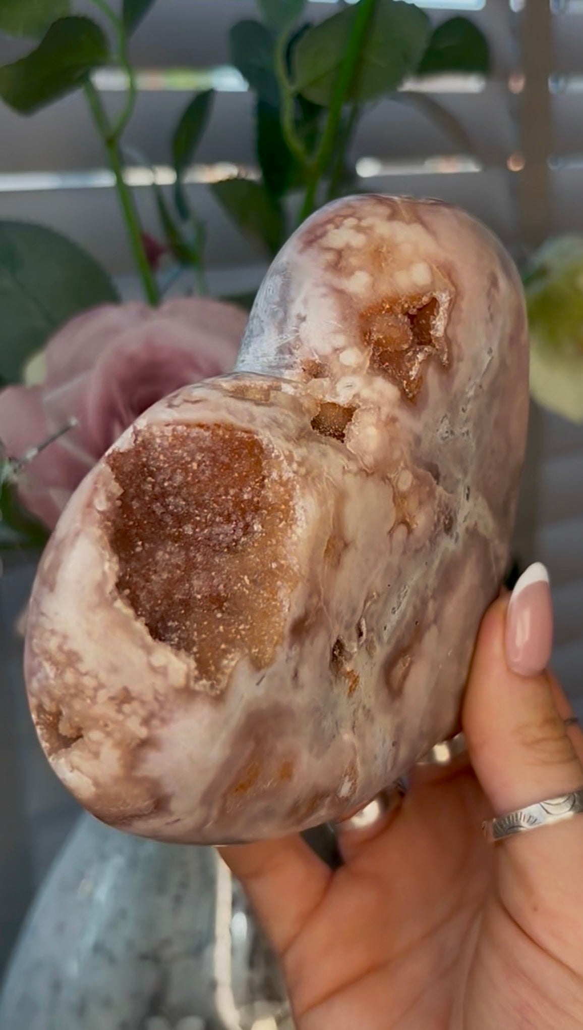 Gorgeous, pink amethyst heart- comes with stand