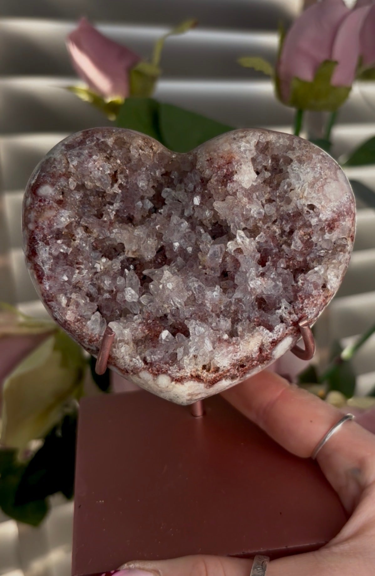 pink amethyst heart with quartz Druze- comes with stand