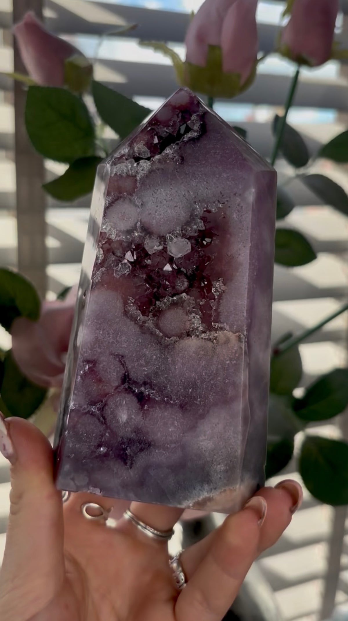 Beautiful, high quality, Pink amethyst tower in lilac tones with vibrant purple druzy