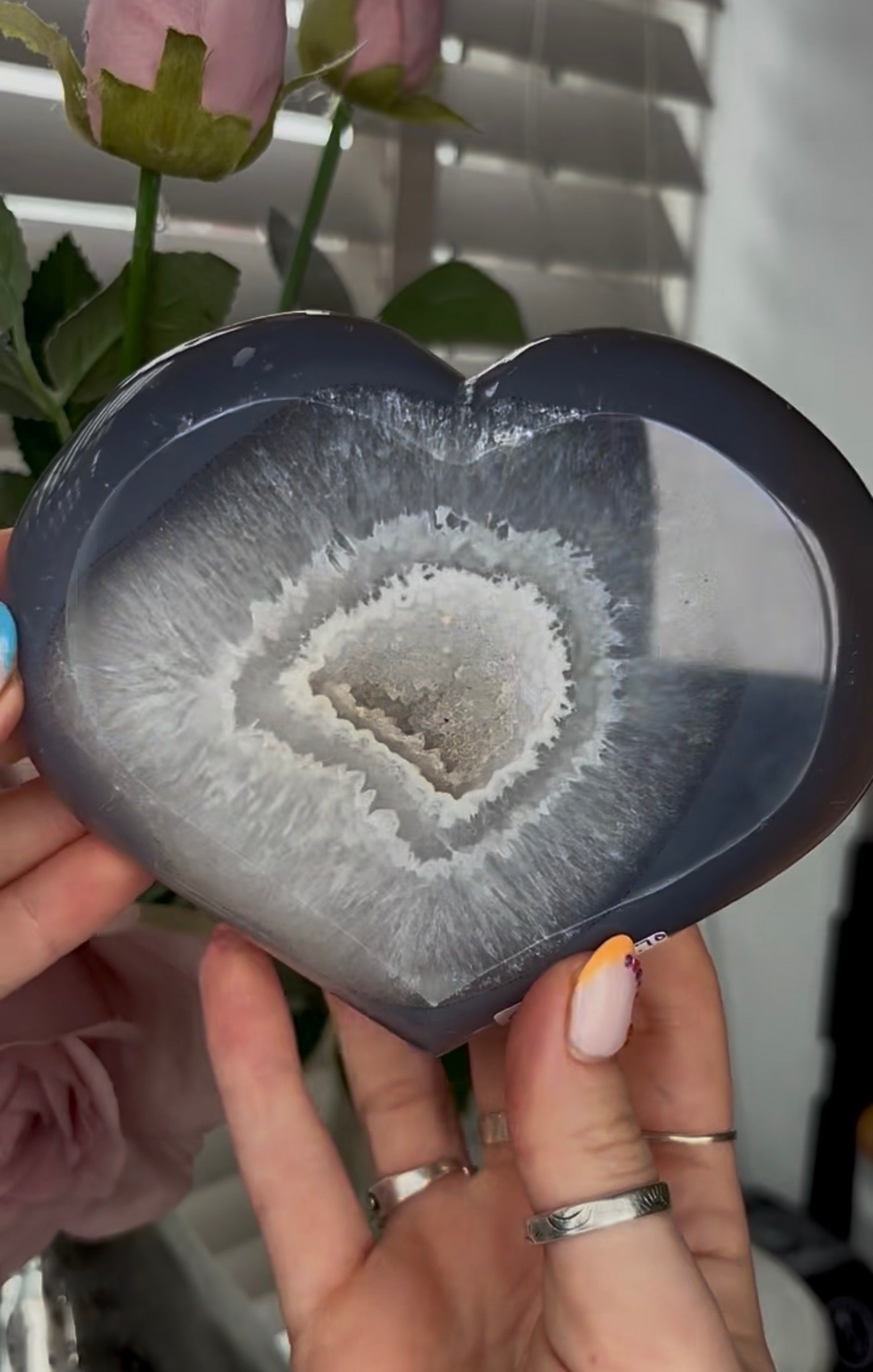 Beautiful, high grade, blue agate heart with druzy - comes with stand