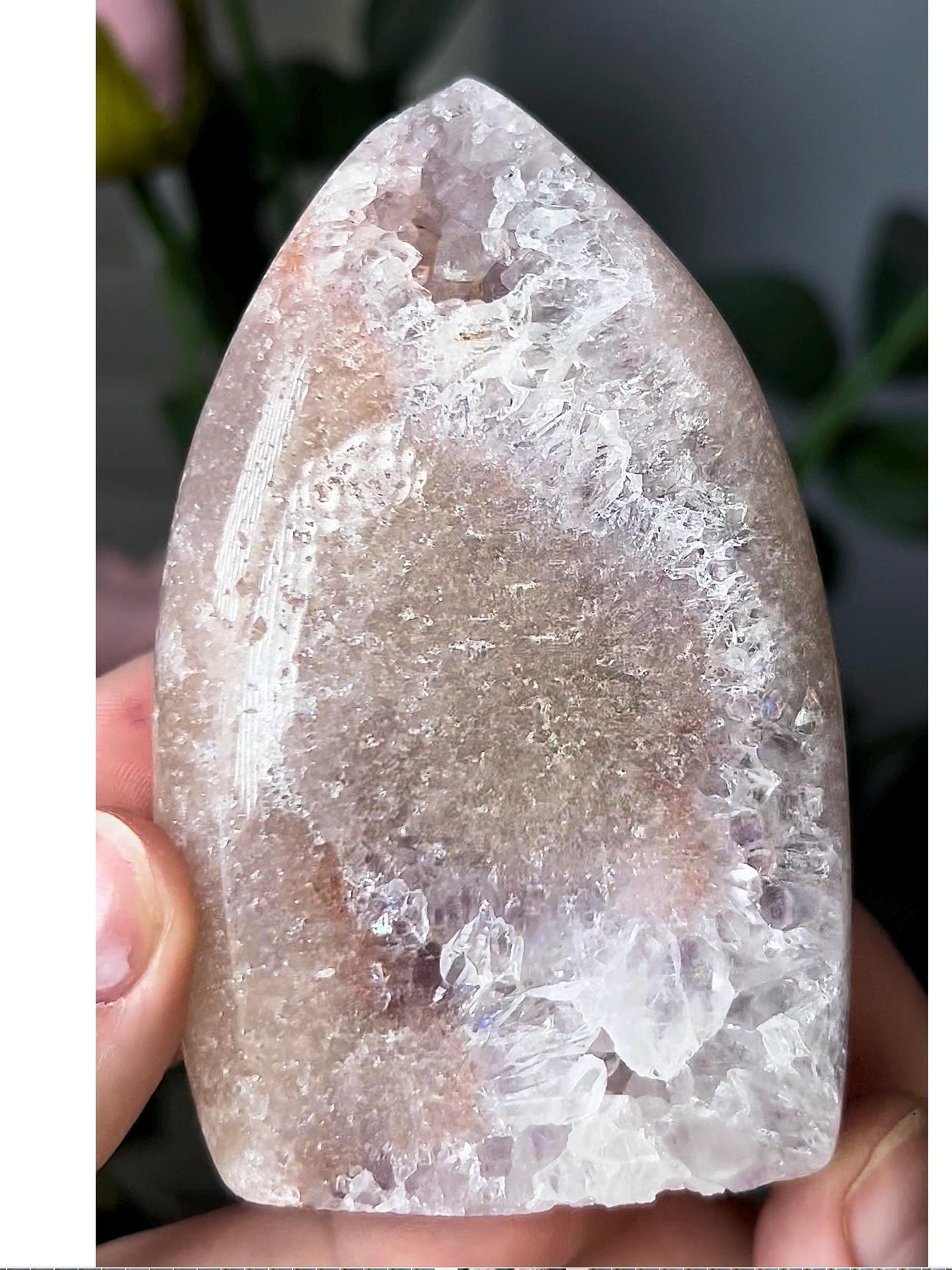 High grade, pink amethyst flame with rainbow quartz