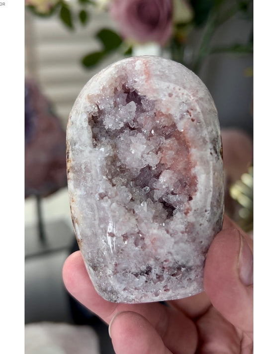 pink amethyst freeform with high clarity quartz & sugar druzy