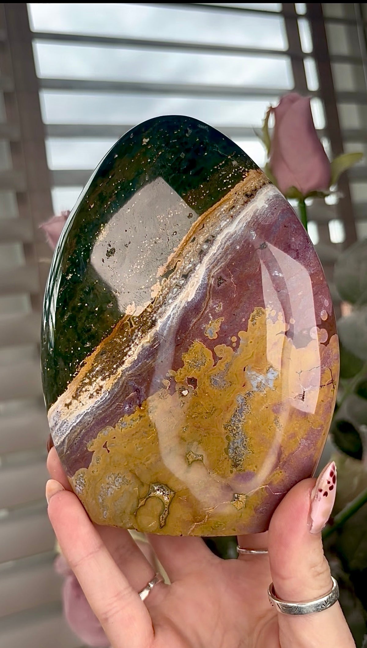 High quality, purple, mustard & green ocean jasper Freeform 13.5cm(h) 10cm(w)