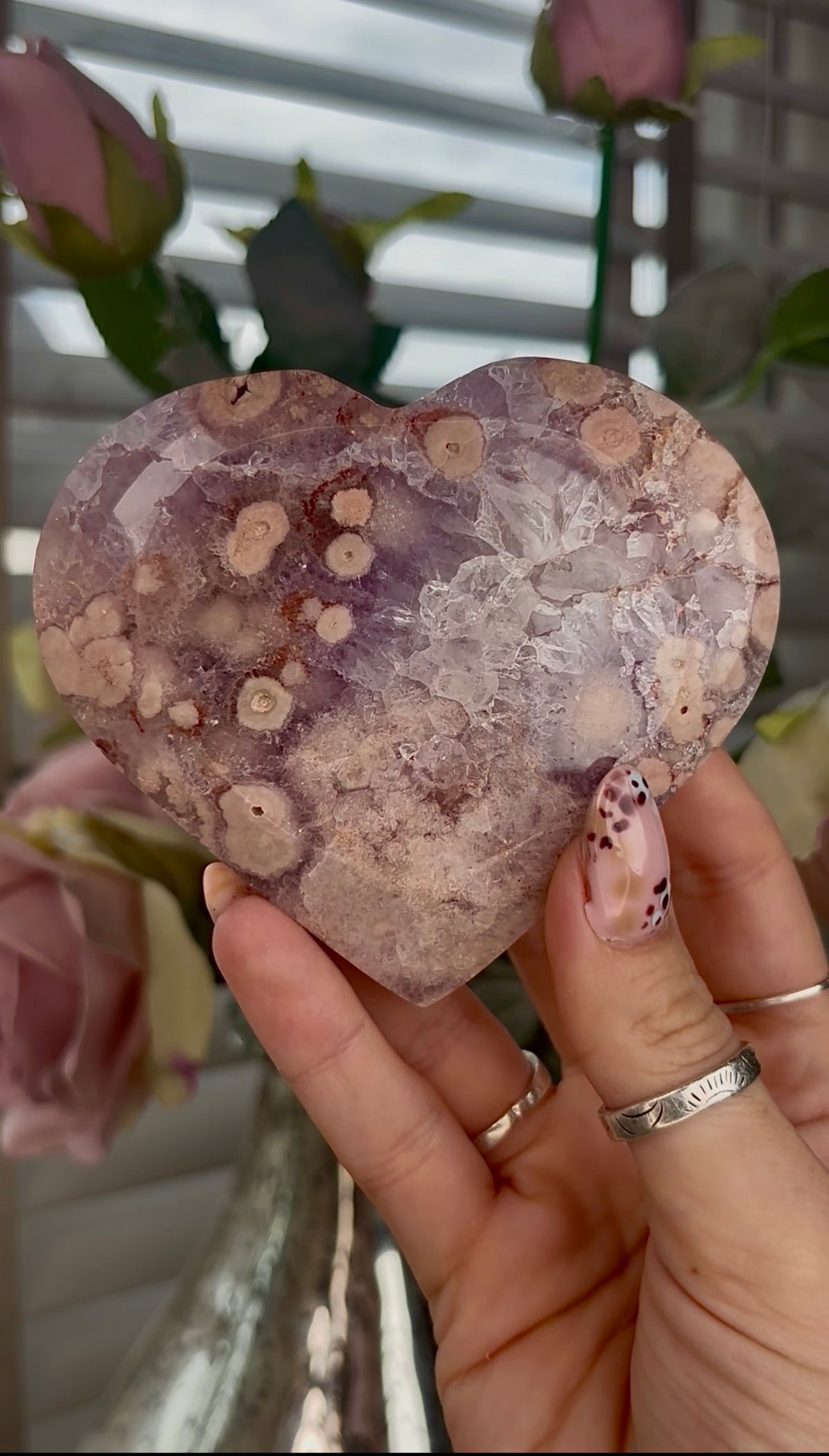 High grade, Amethyst Flower agate heart with stand