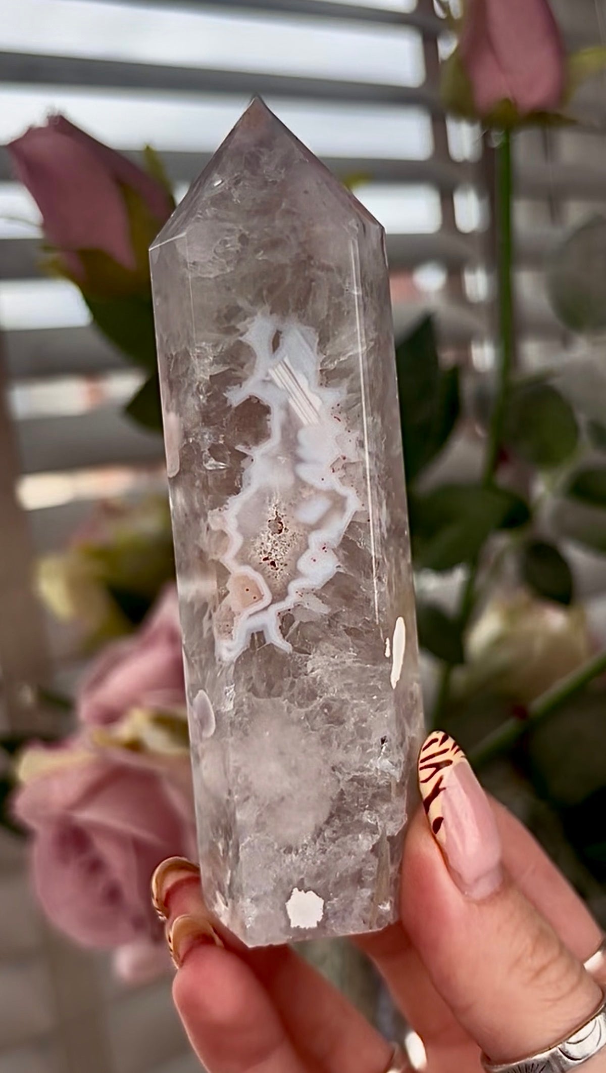 Stunning!! Super high quality, Druzy, green chlorite x blue flower agate tower