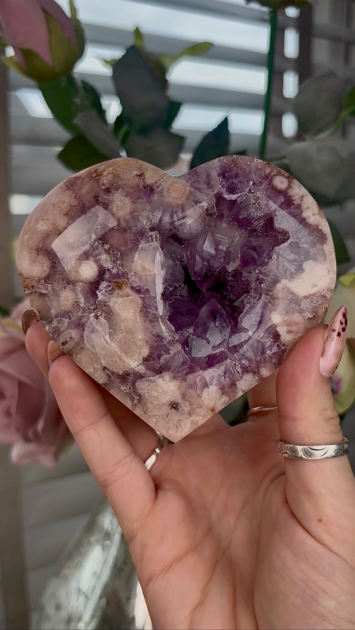 High grade, Amethyst Flower agate heart with stand