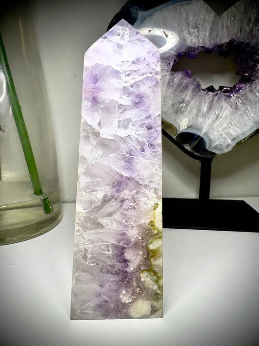 Super high quality amethyst x flower agate tower 320g 14cm