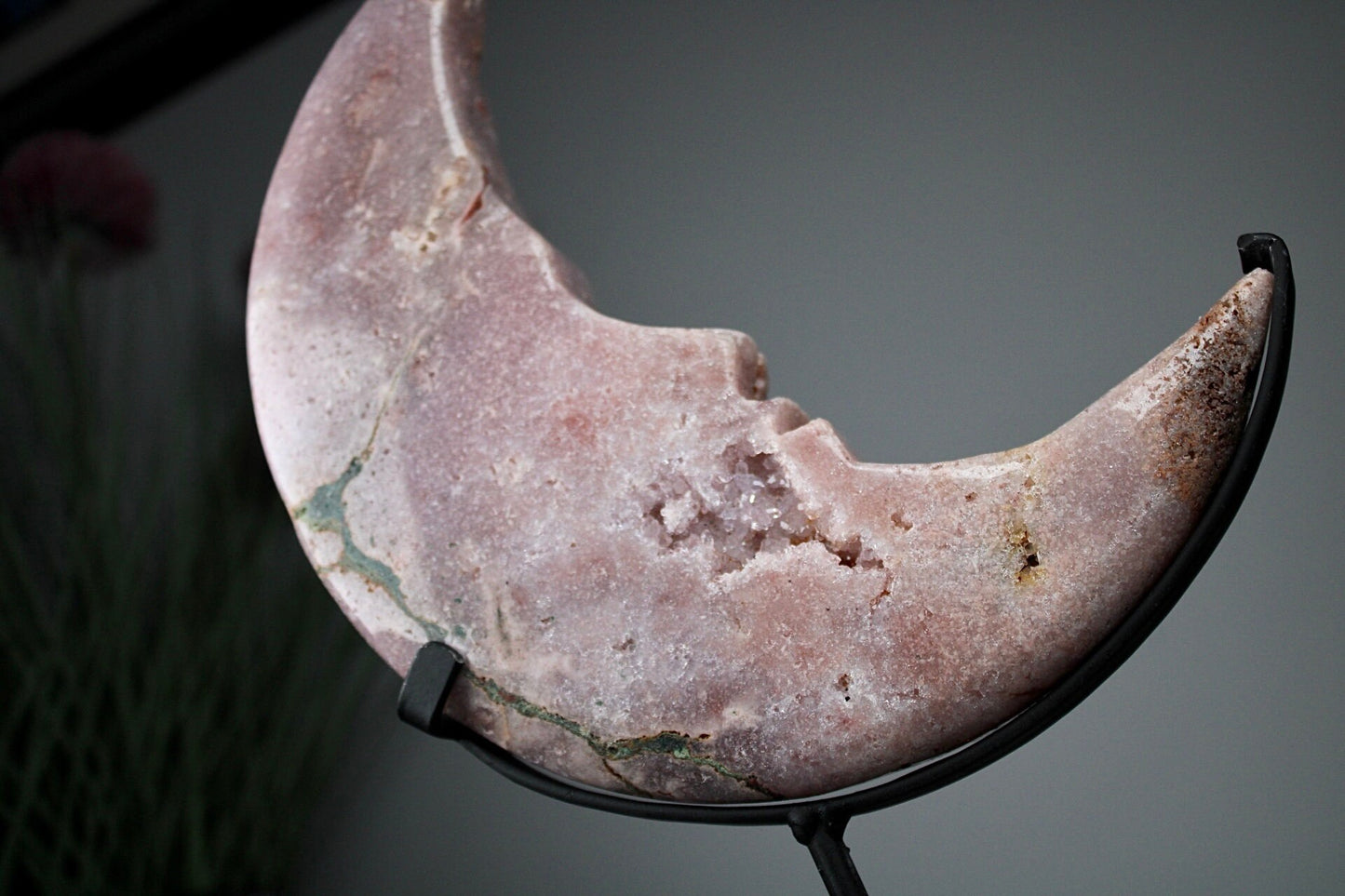 High quality, Pink amethyst, crescent moon with face, on stand from brazil with green jasper vein