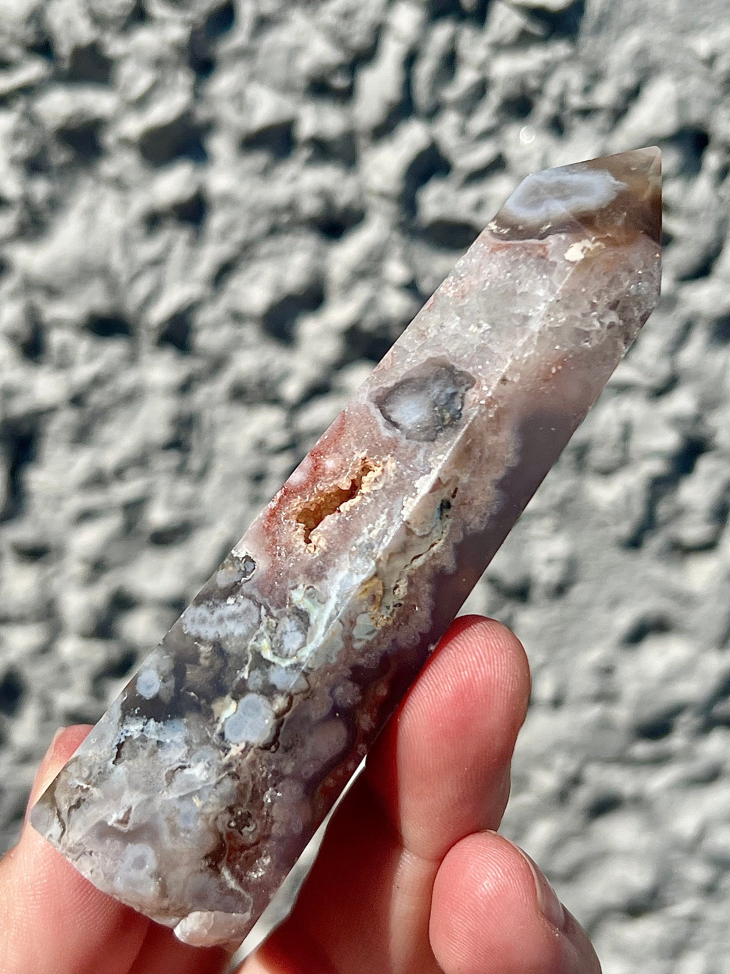 Black flower agate tower with pink amethyst