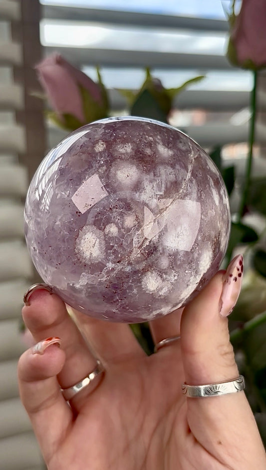 High grade, amethyst Flower agate sphere with high clarity quartz