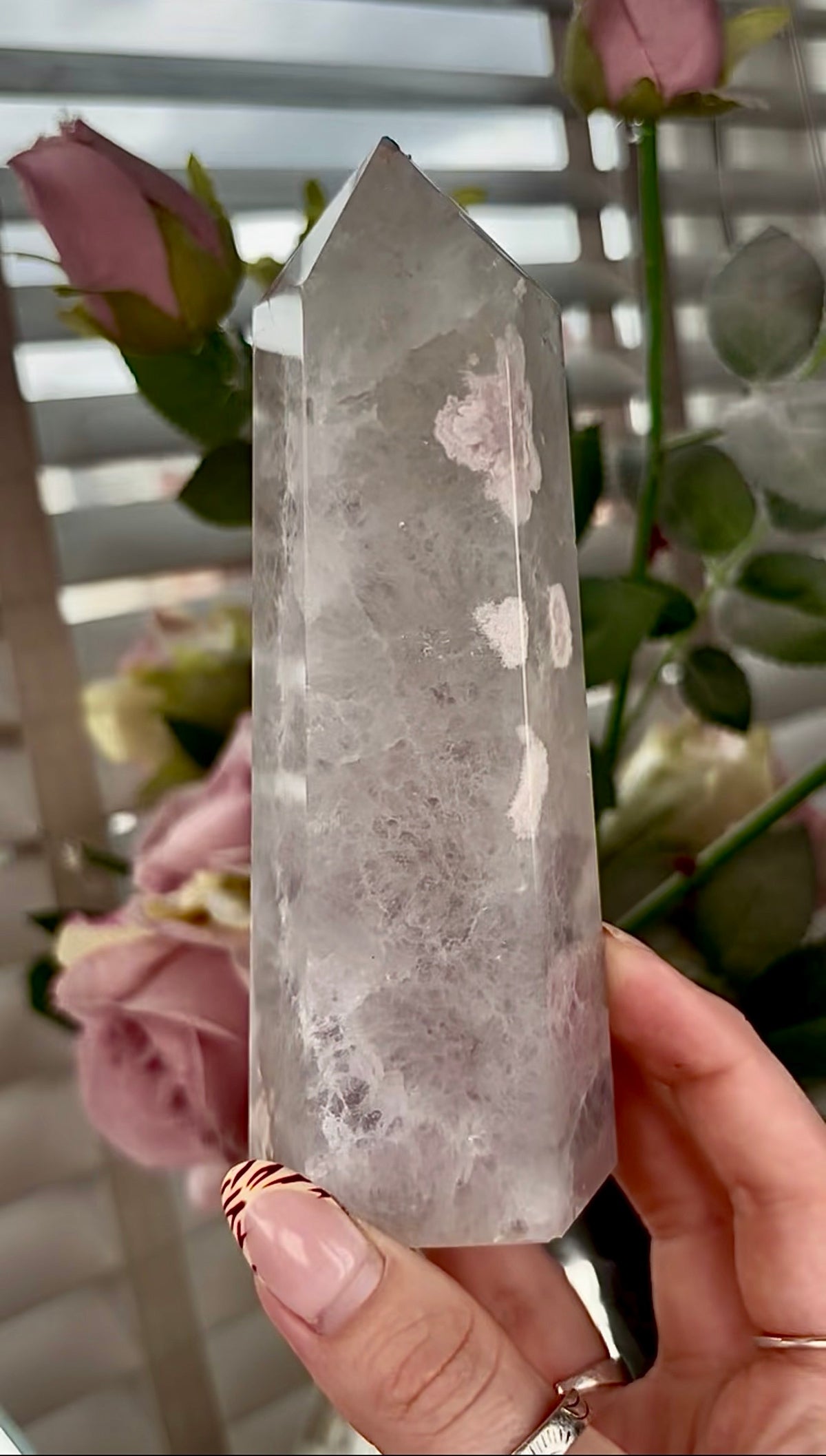 Stunning!! Super high quality, Druzy, green chlorite x blue flower agate tower