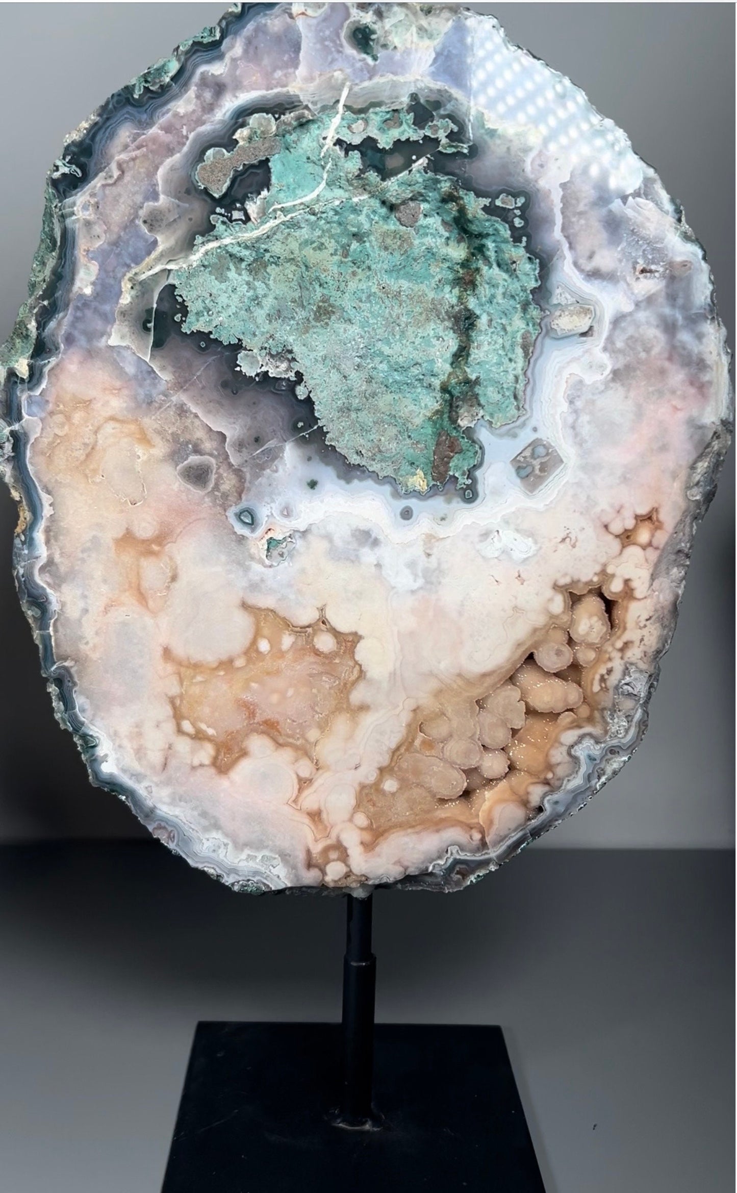 High grade, round pink amethyst slab with green jasper & bubble druzy