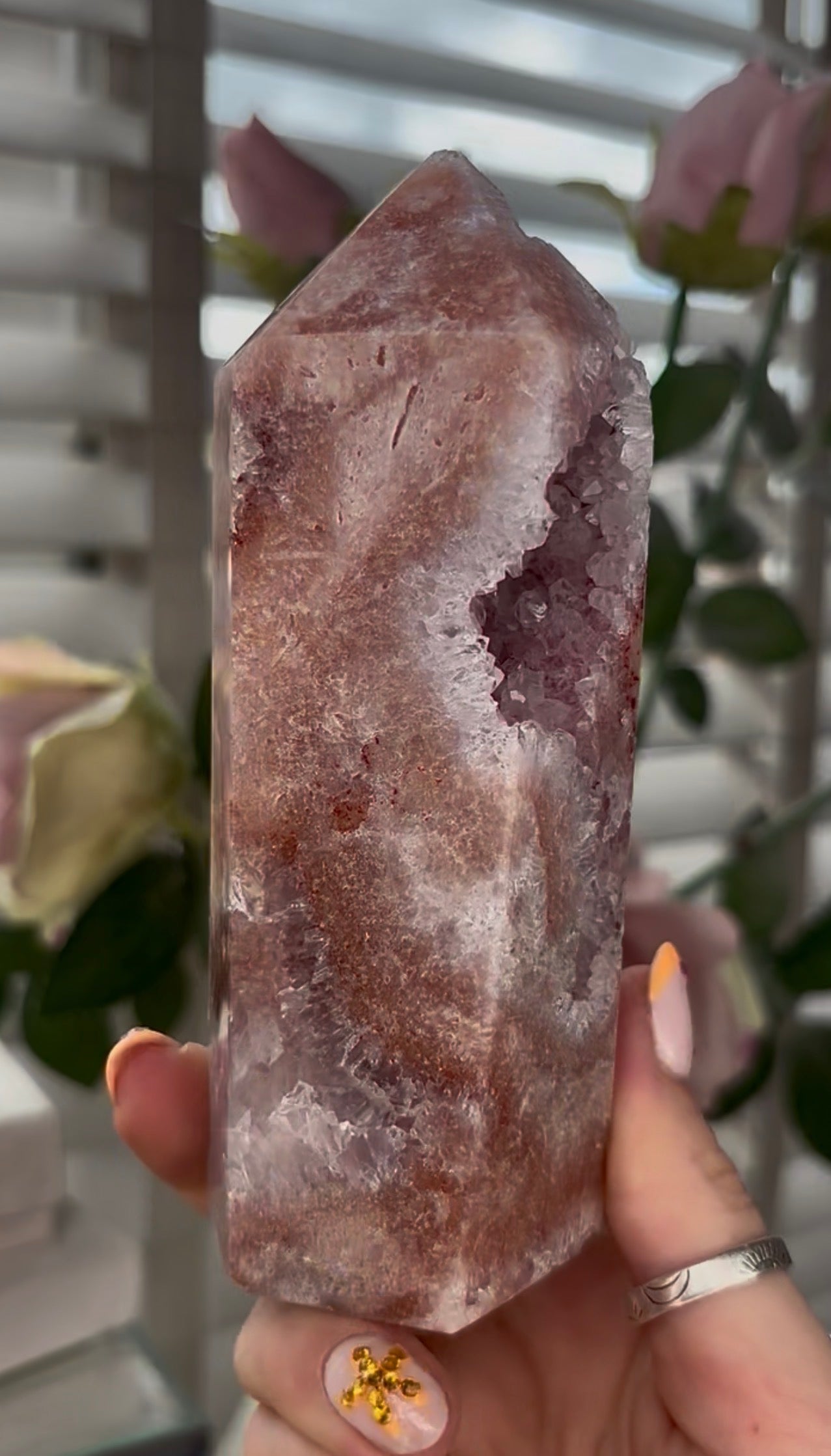 Pretty, Pink amethyst tower with quartz druzy