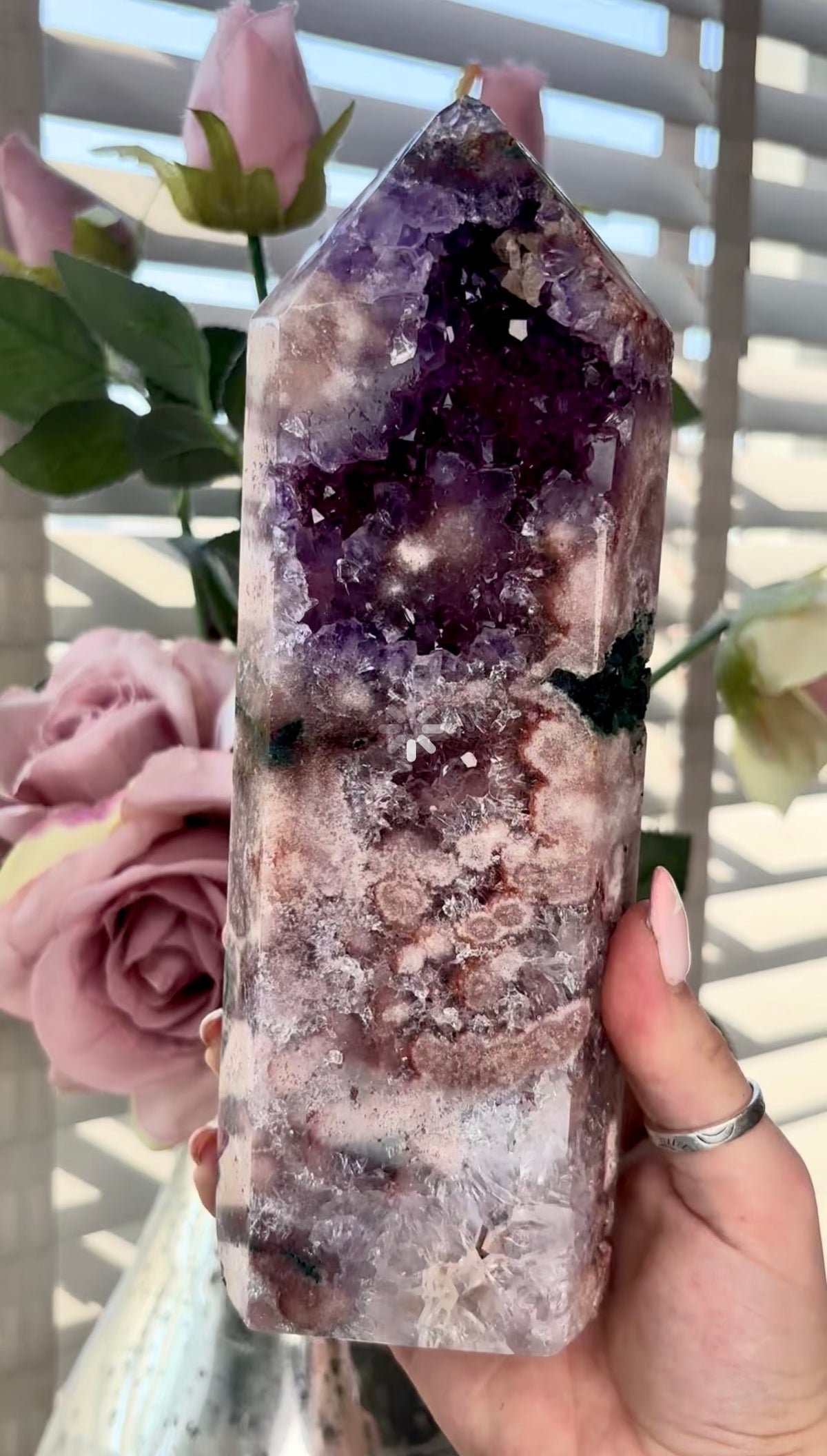 Beautiful, high quality, huge, Pink amethyst tower with purple quartz & Green jasper - 22cm