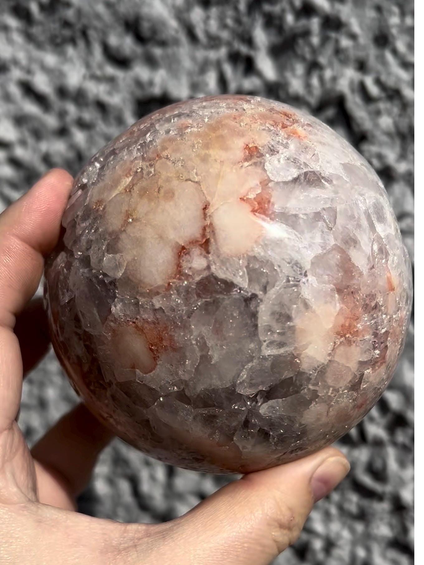 high grade, large, statement, pink amethyst sphere, with incredible quartz & red sugar druzy 1.230kg