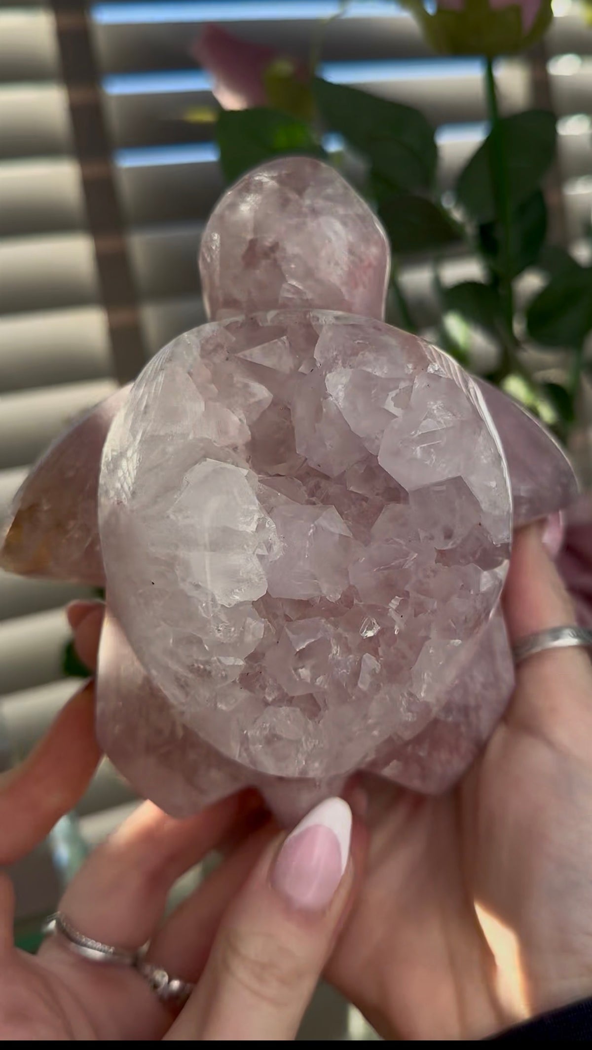 High grade, pink amethyst with chunky quartz sea turtle carving