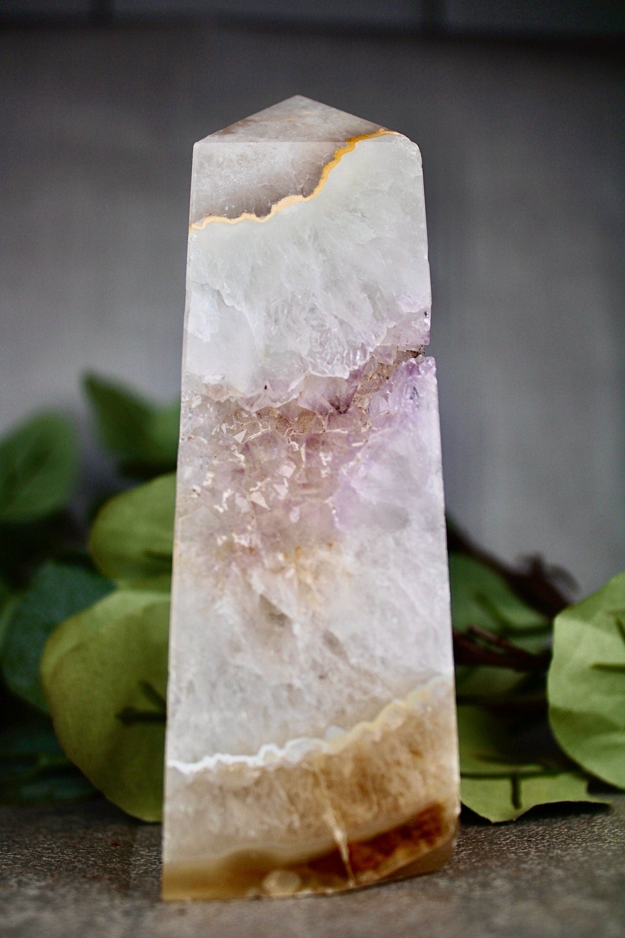Pink amethyst agate, 4 sided tower with lavender Druze