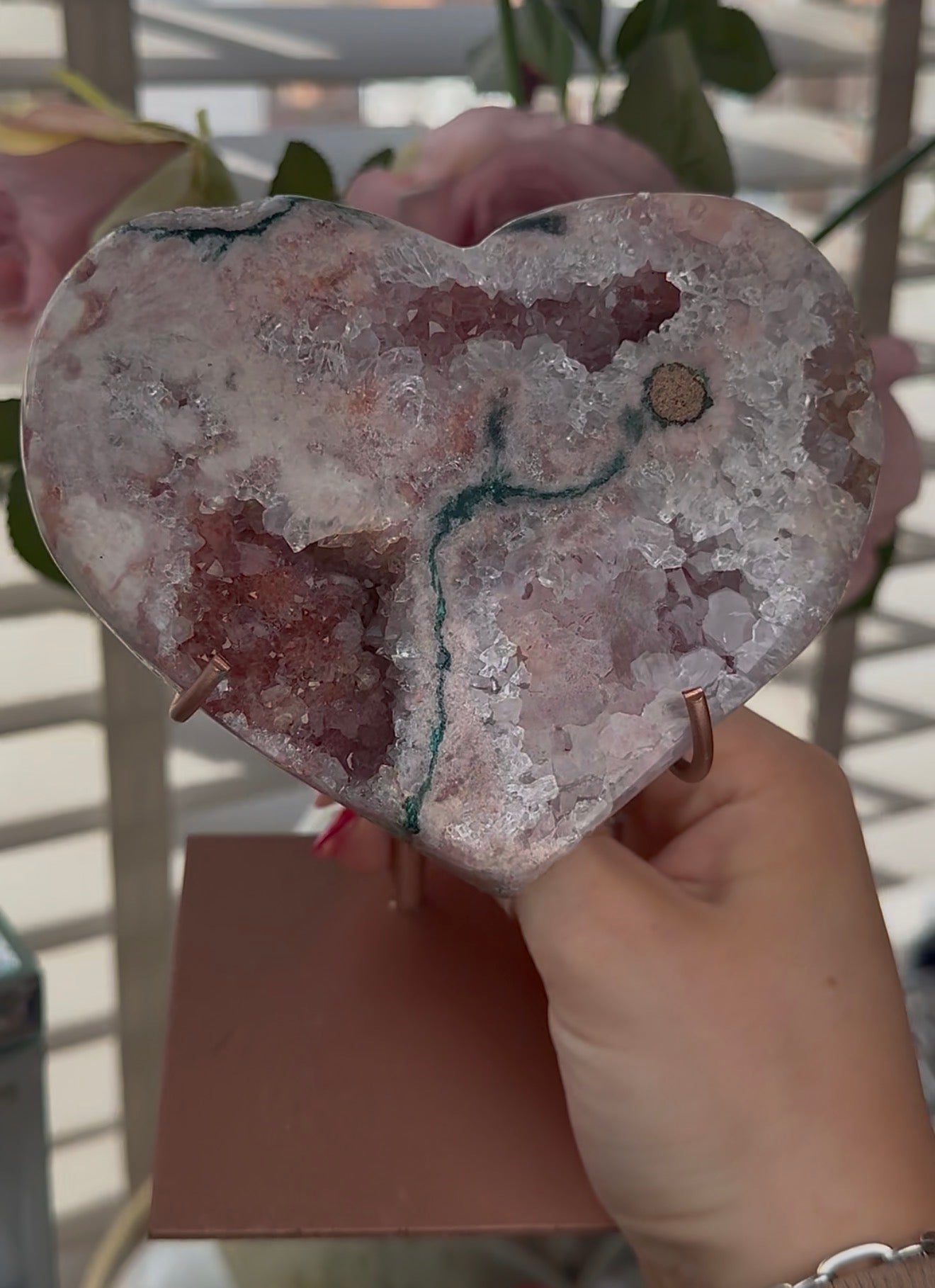 Hq pink amethyst heart with Jasper - comes with stand