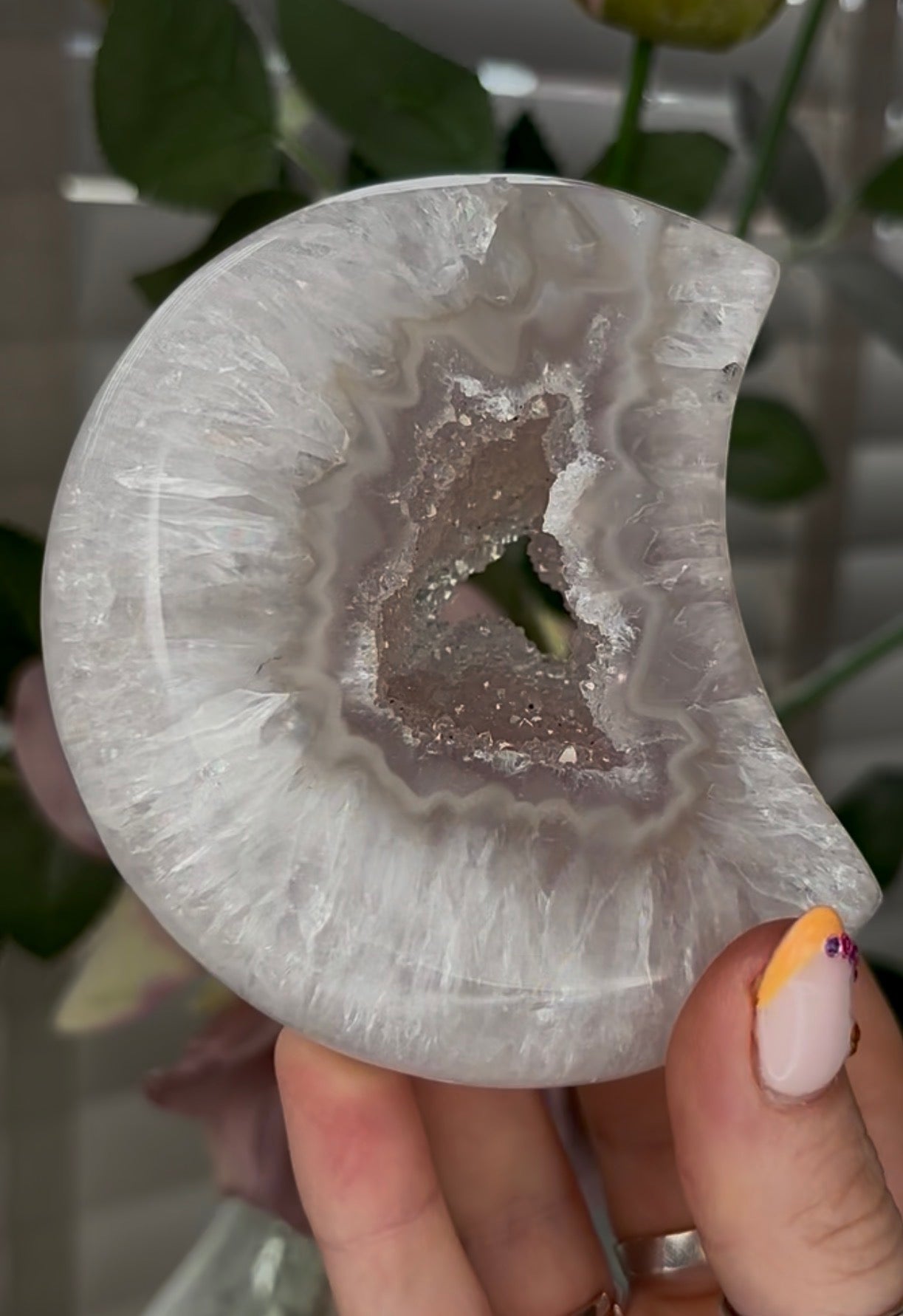 Beautiful, high grade, agate moon with druzy - comes with stand