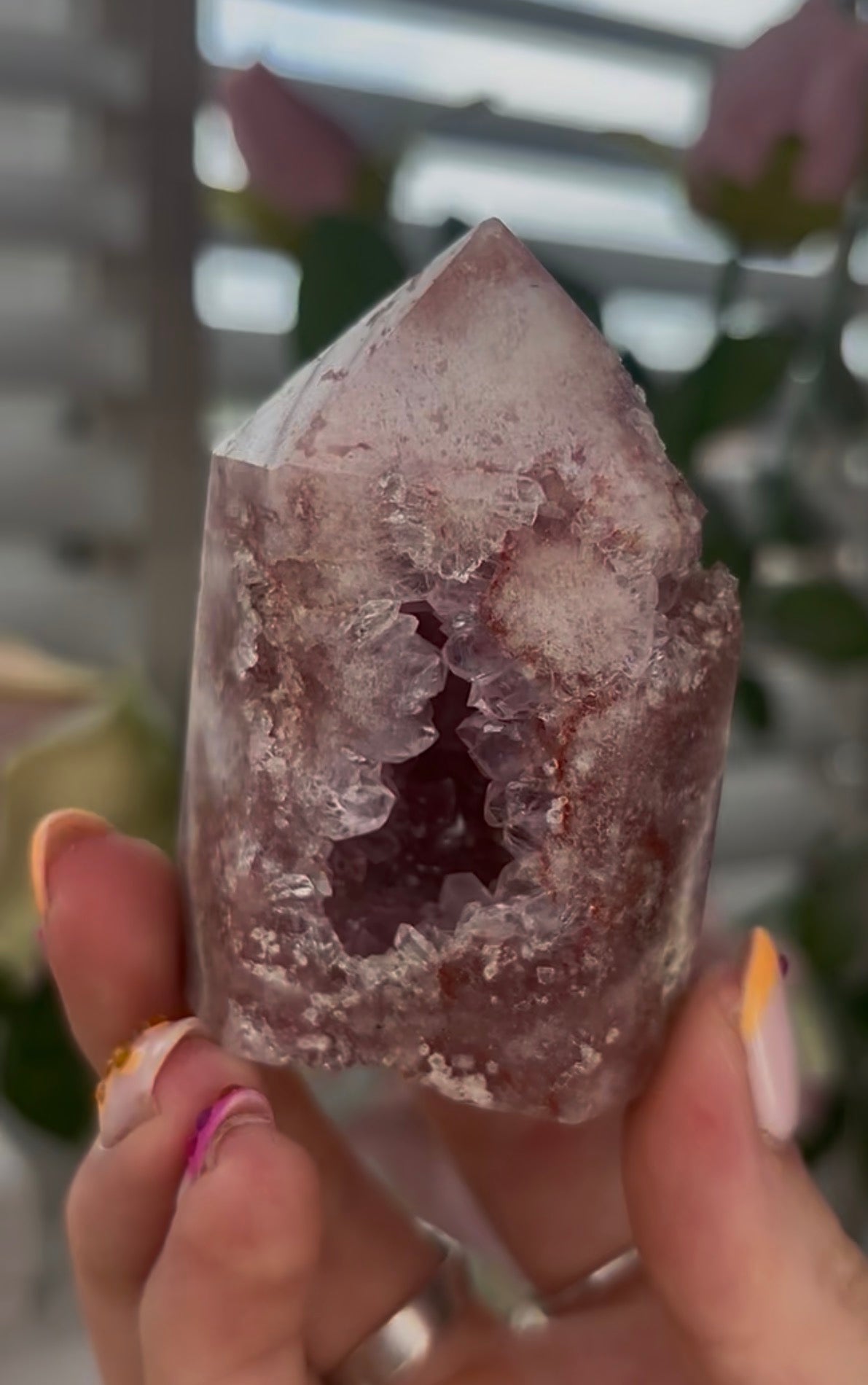 Beautiful, Pink amethyst tower with quartz druzy