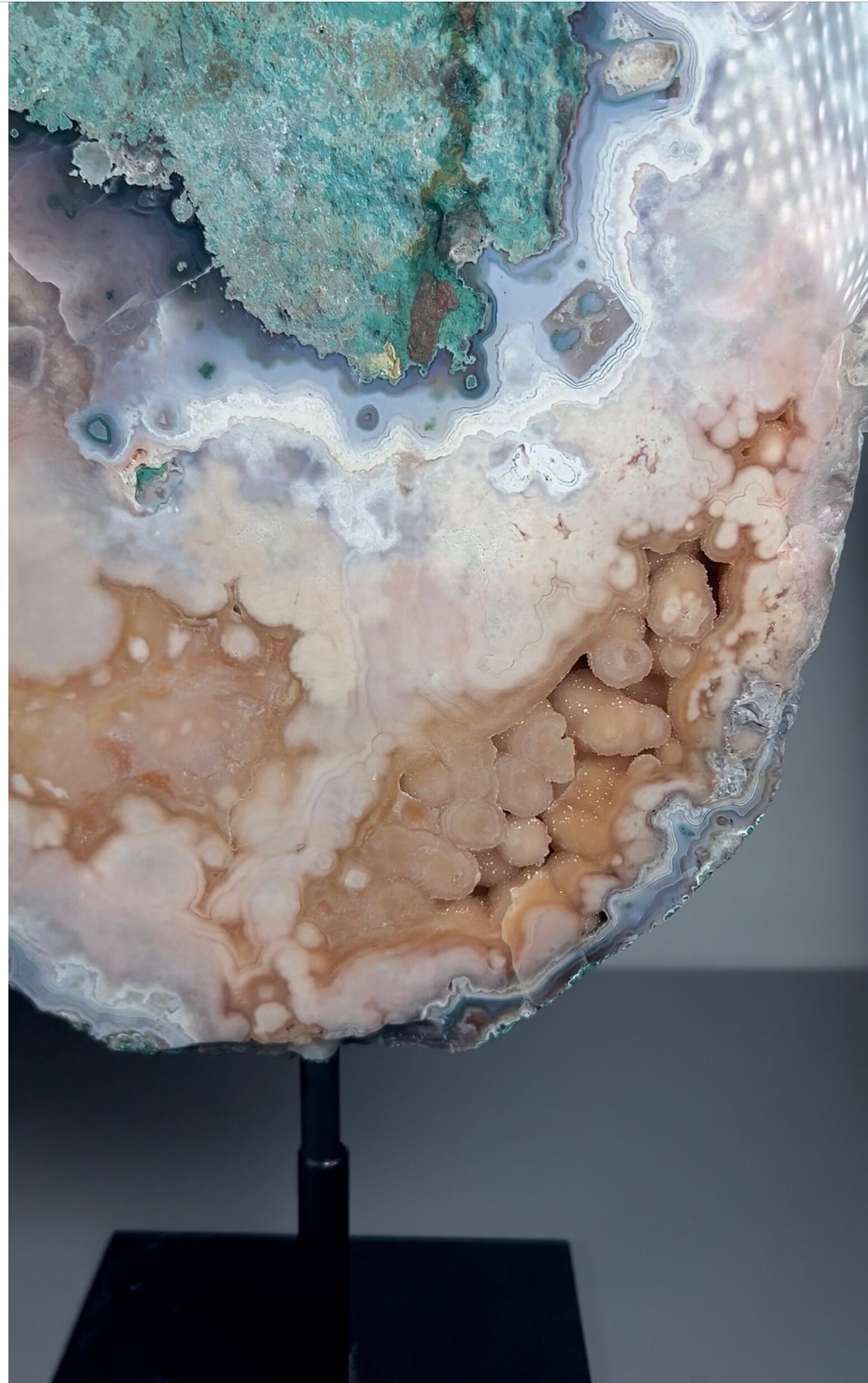 High grade, round pink amethyst slab with green jasper & bubble druzy