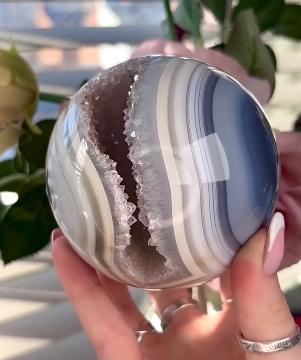 Gorgeous, high grade, blue banded amethyst agate sphere