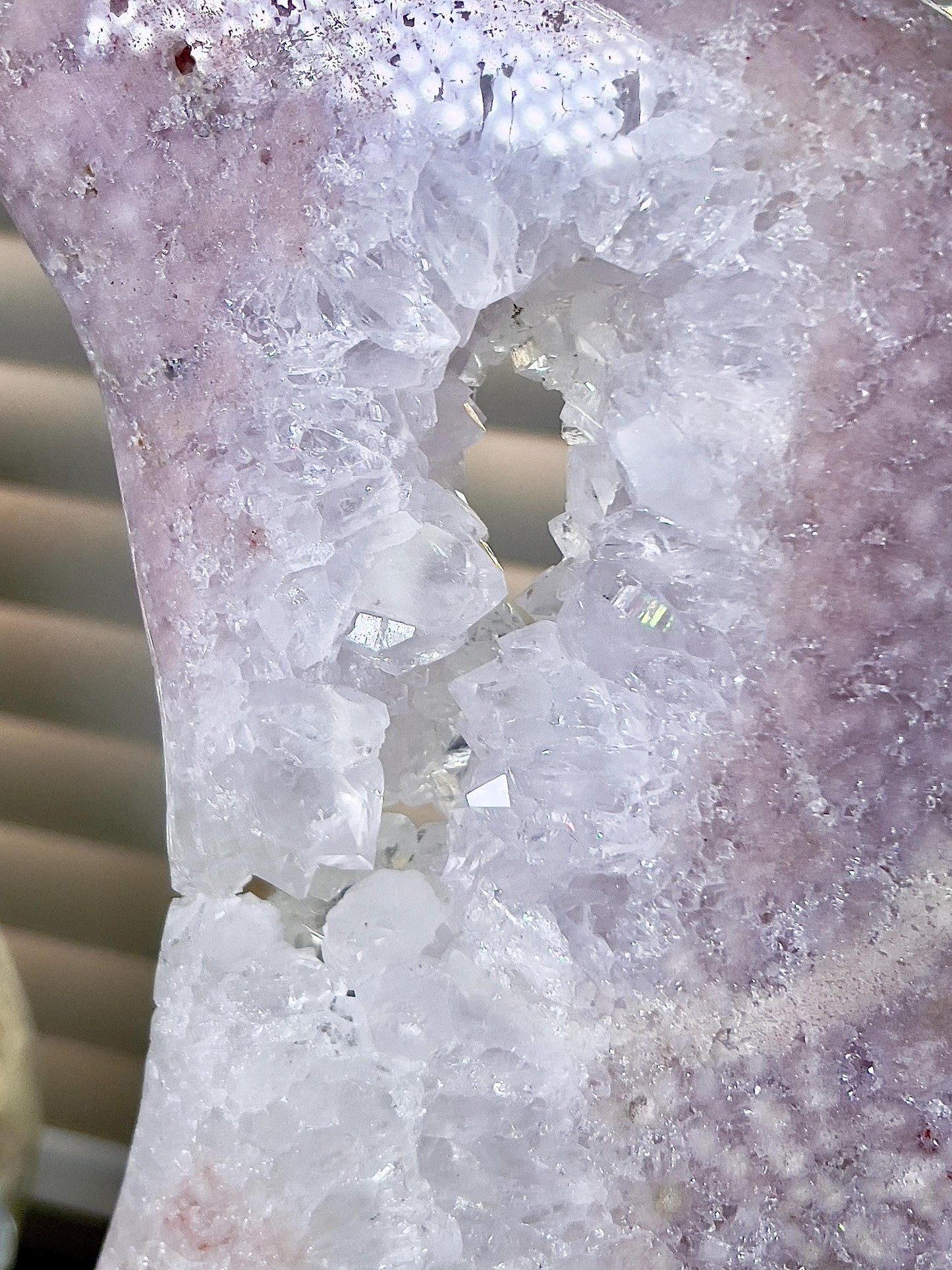 Incredible huge statement, high quality, Pink amethyst, moon with rainbow quartz & citrine inclusion, on spinning stand