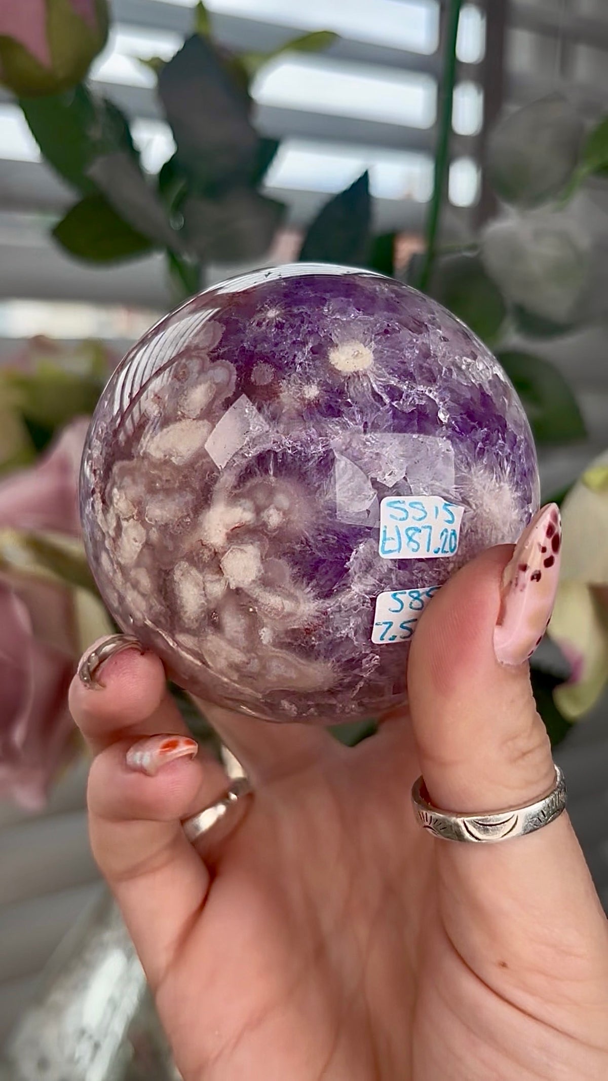High grade, Amethyst Flower agate sphere 7.5cm 585g