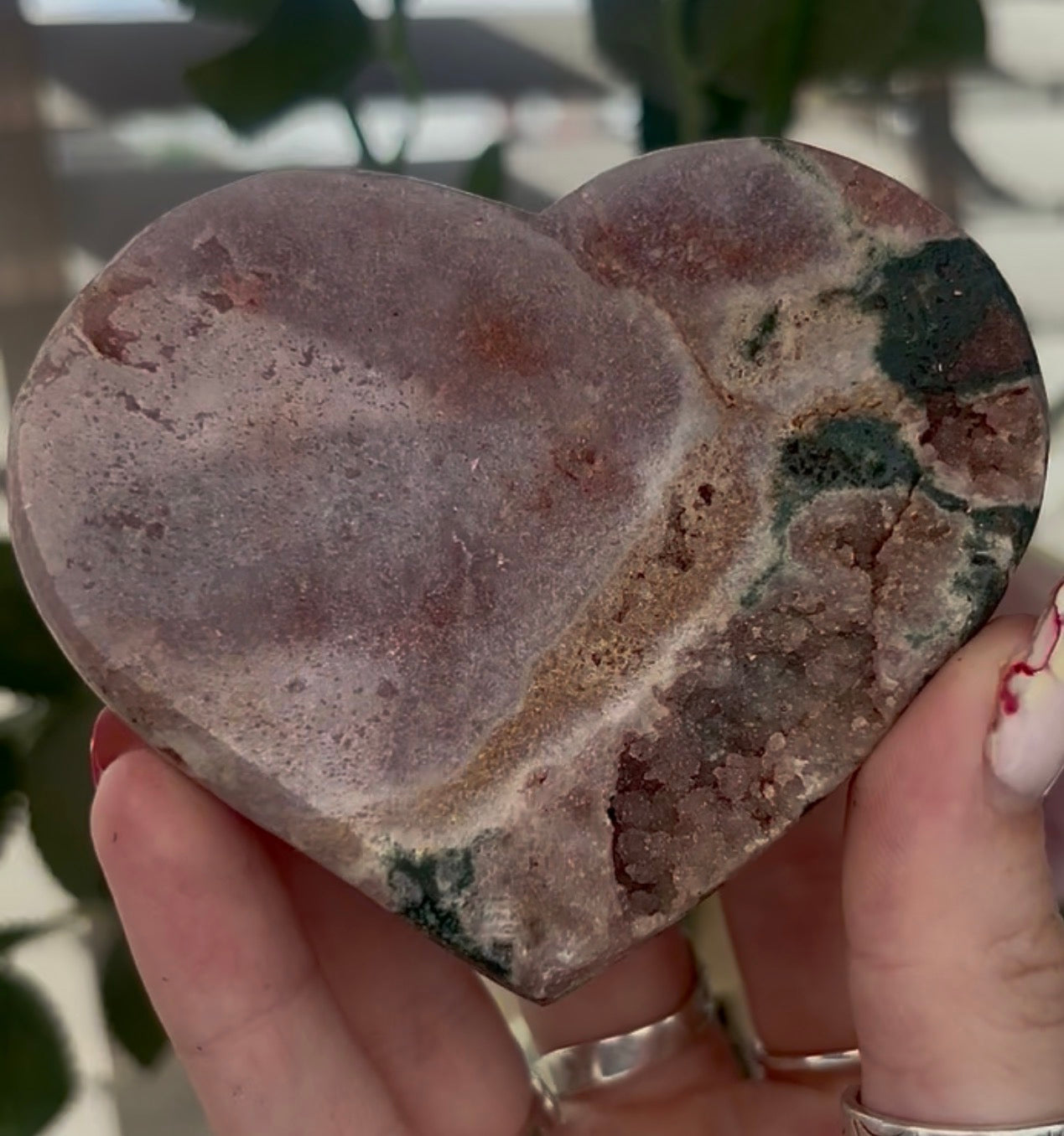 pink amethyst heart with jasper - comes with stand