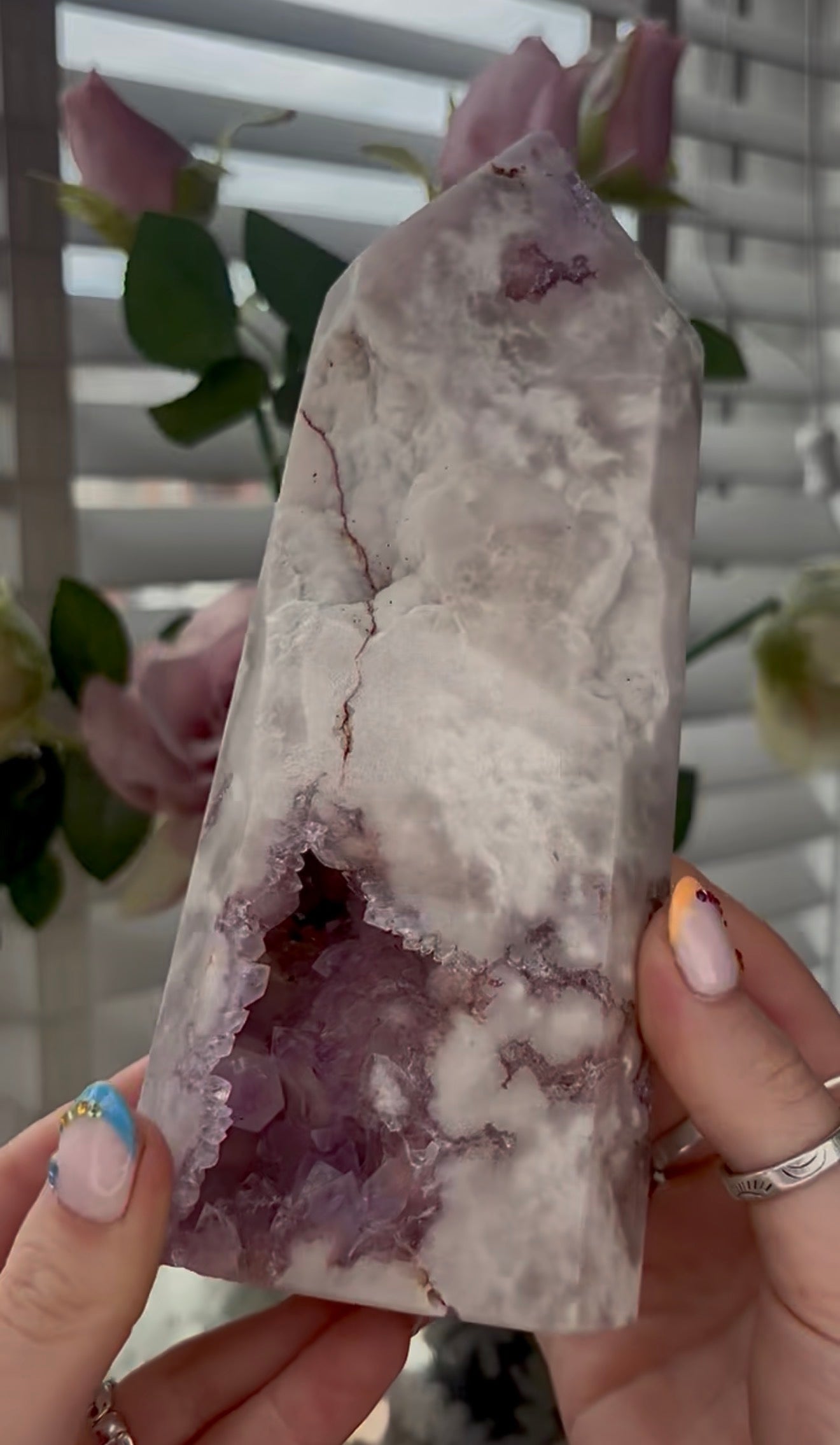 Huge, High quality, Pink amethyst tower, with purple quartz druzy