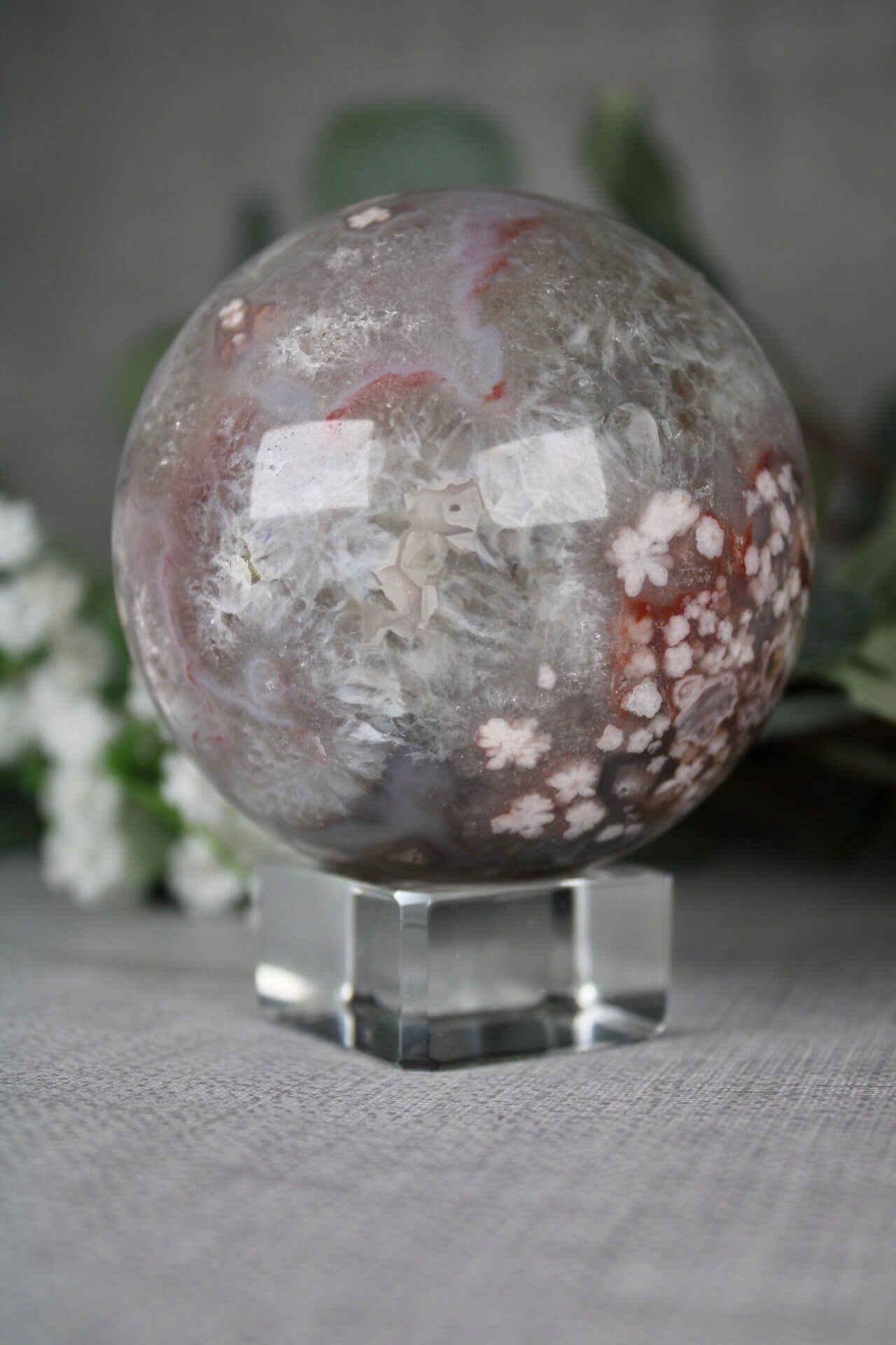 High quality, chlorite x flower agate sphere 535G 7CM