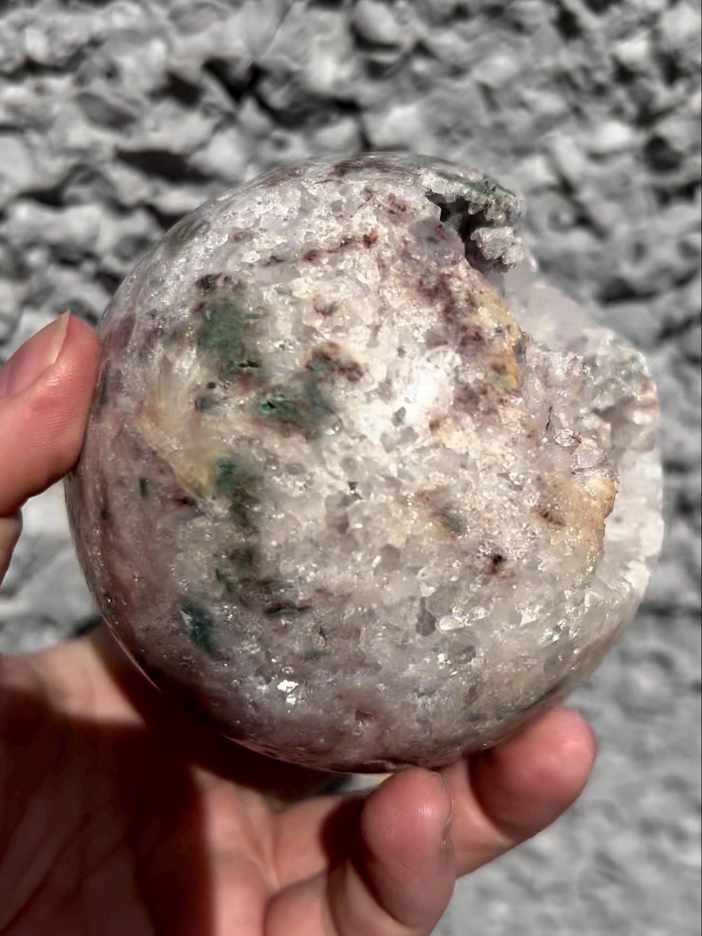 large, statement pink amethyst sphere with purple quartz ,jasper & sugar druzy with amazing quartz points