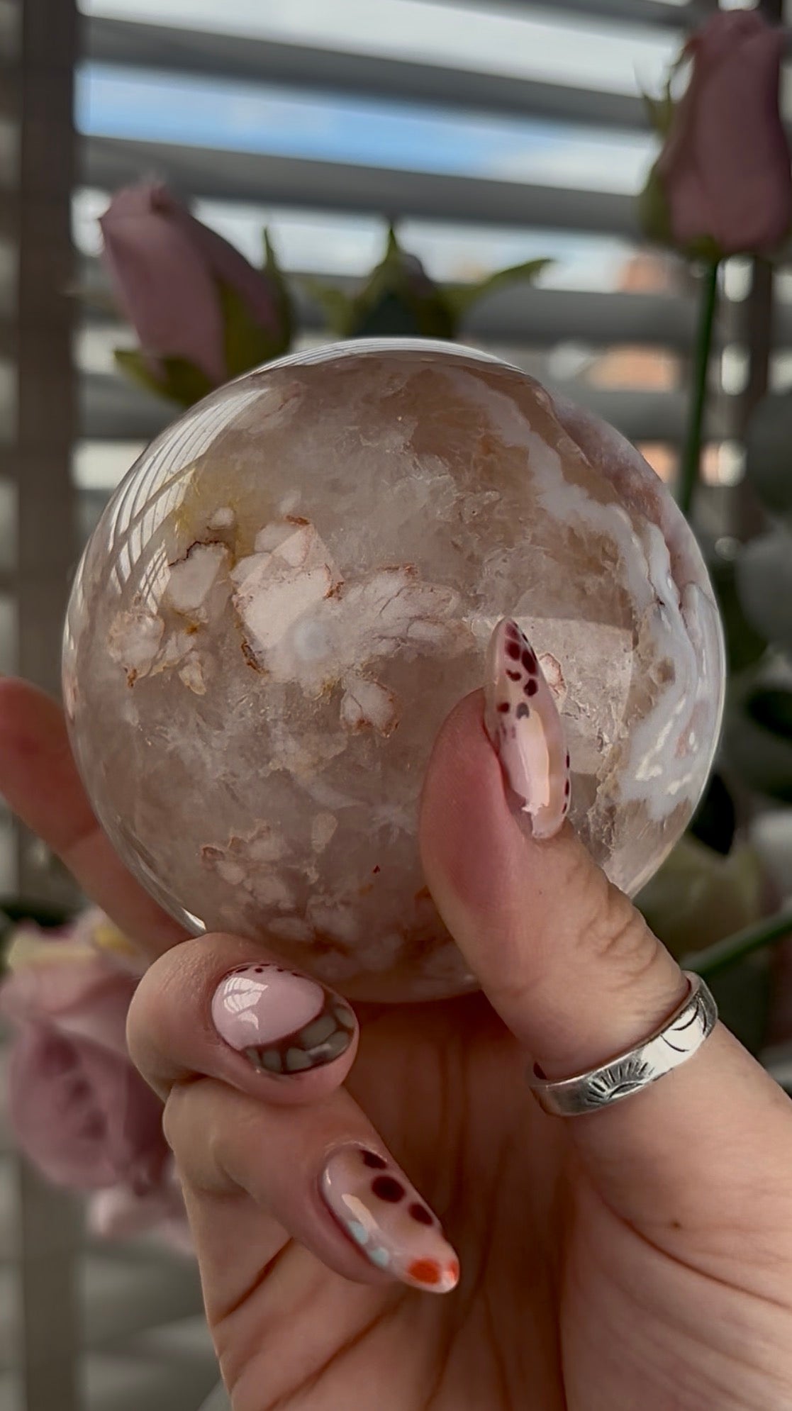 High grade, amethyst Flower agate sphere with high clarity quartz 8.5cm