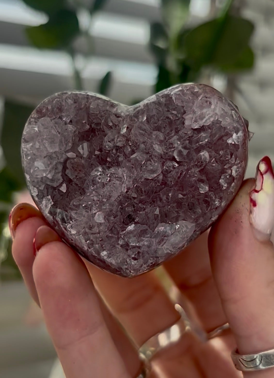 Mini, chunky, double sided, pink amethyst heart with purple quartz and jasper - comes with stand