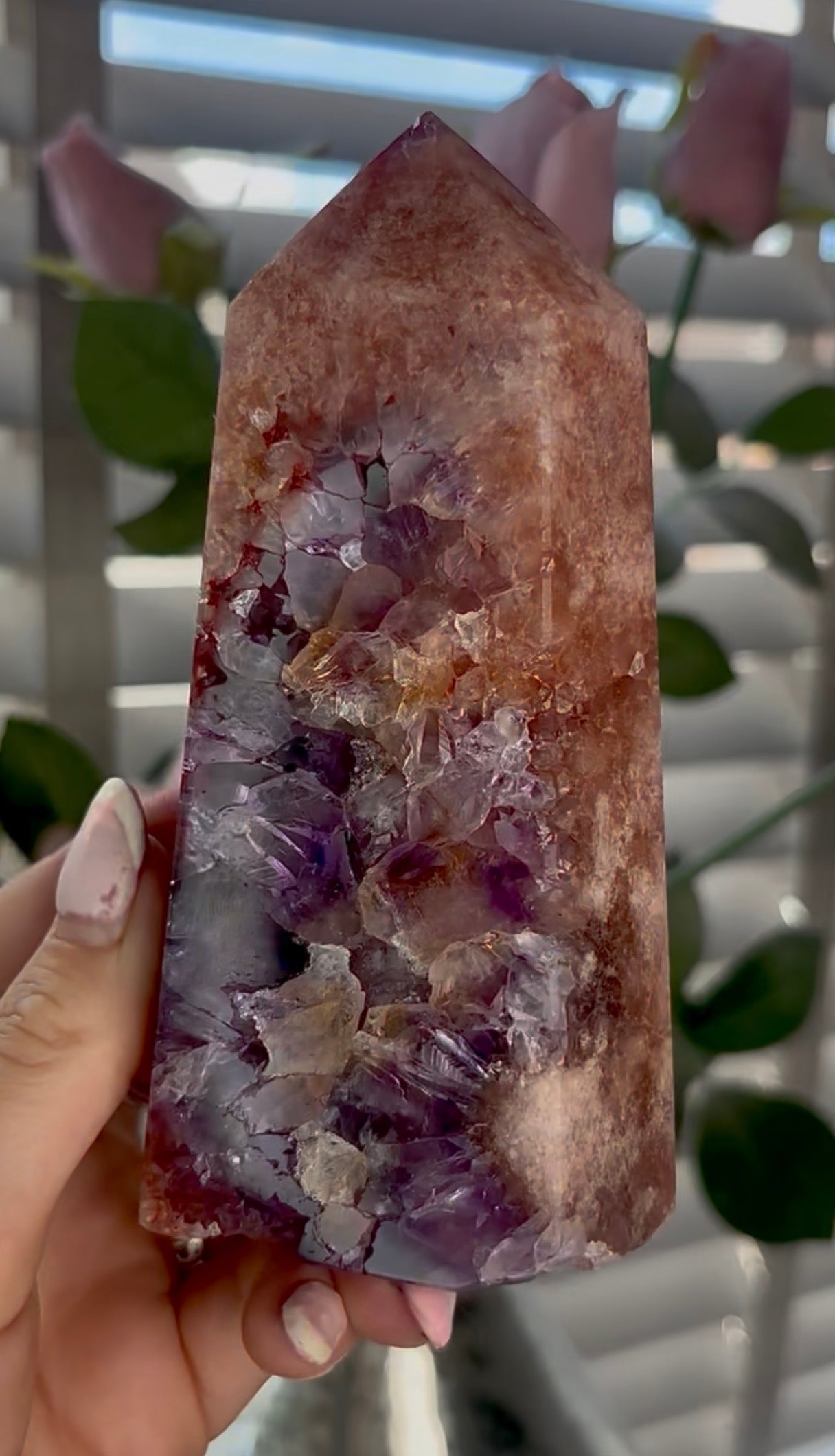 Beautiful, high quality, Pink amethyst tower with purple quartz