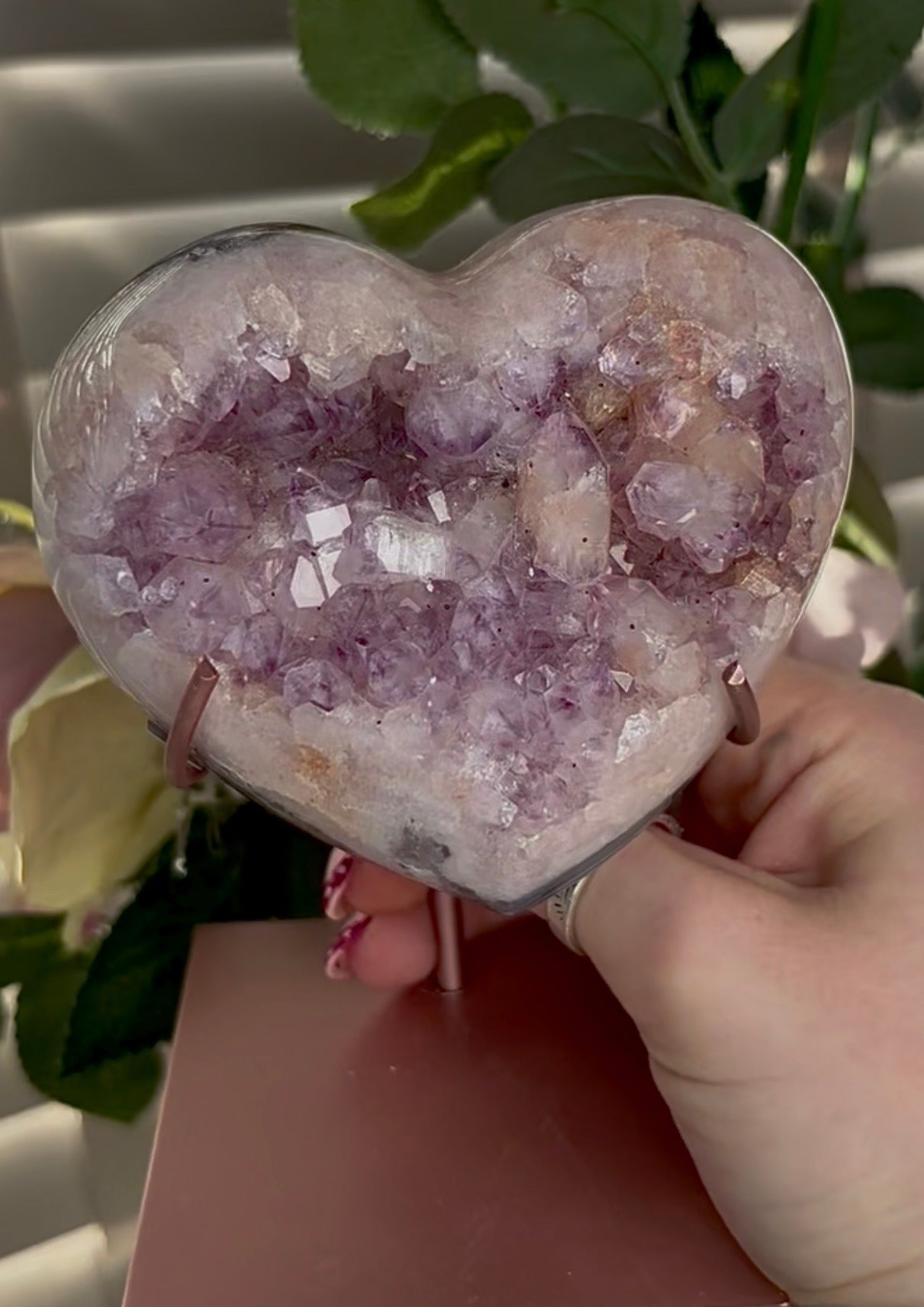 Gorgeous pink amethyst heart with agate and chunky bubble gum Druze  - comes with stand
